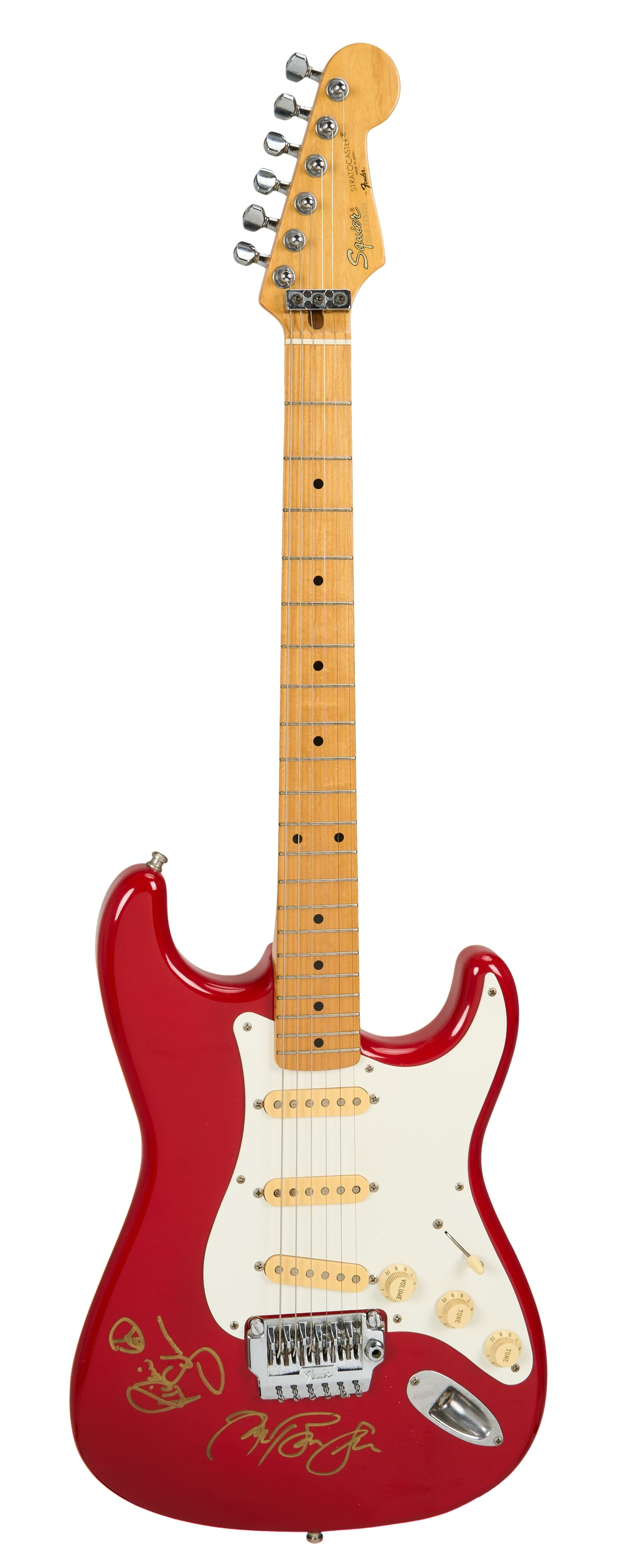Jon Bon Jovi and Richie Sambora | Signed 1980s Squier By Fender E-Series Stratocaster, Red: A 1980s Squier by Fender Stratocaster electric guitar, serial #E728304, in red finish and signed in gold felt tip pen by Jon Bon Jovi during a Dutch 1996 The Music Factory (TMF) Xtra television appear