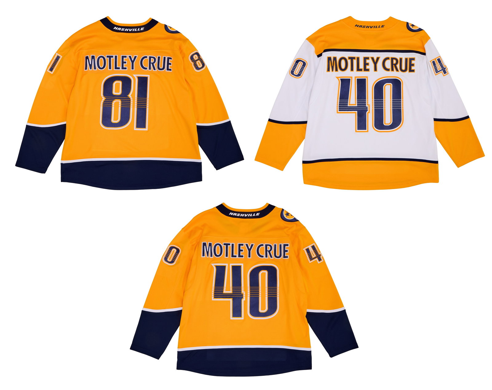 M?tley Cr?e | Set of Three Nashville Predators M?tley Cr?e Jerseys: This is a set of three officially licensed Nashville Predators hockey jerseys with "Motley Crue" on the back. One of the jerseys is number 81, commemorating the year the band started. Jerseys are all