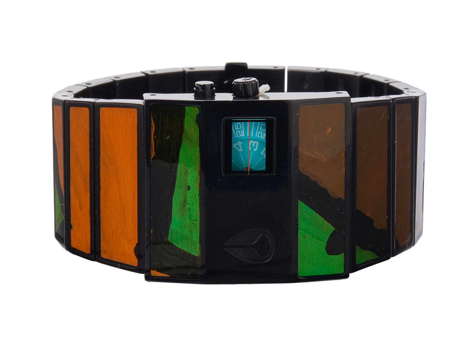 Motley Crue | Nikki Sixx Nixon "Rotolog" Stainless Steel Original Artwork Limited-Edition Wristwatch: A Nixon "Rotolog" Stainless Steel original artwork limited-edition wristwatch, of quartz movement, the square aqua colored dial with moveable disc function, within a blackened stainless steel case,