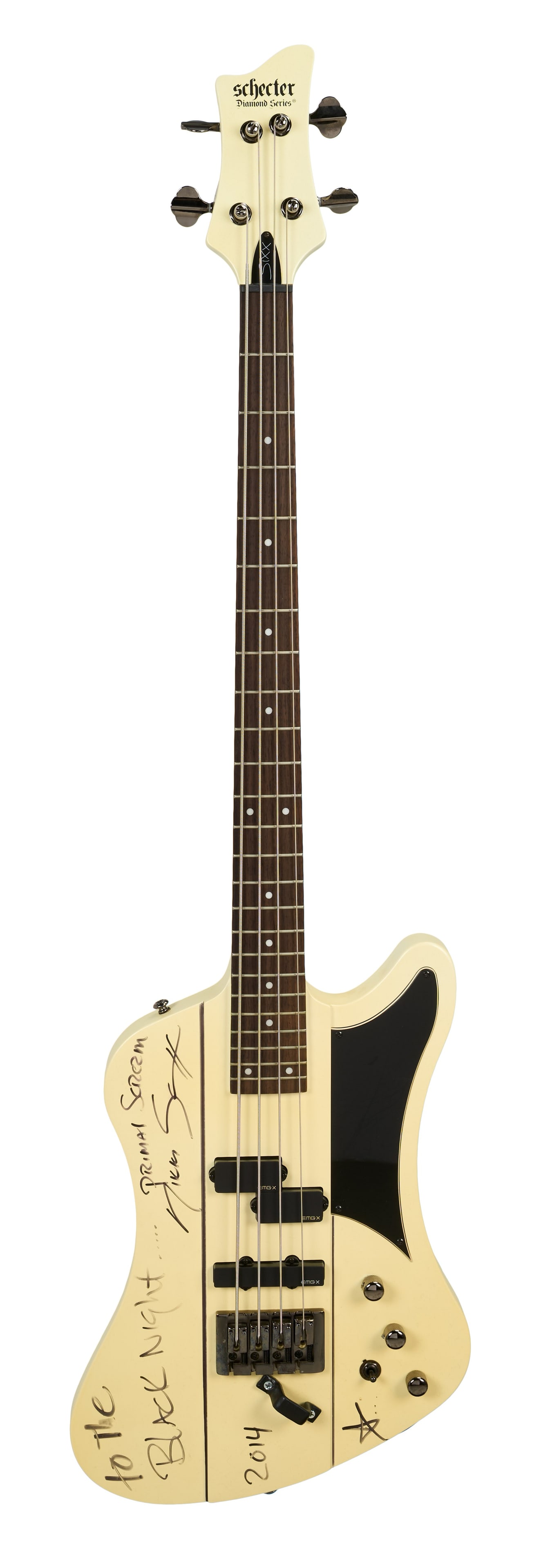 Motley Crue | Nikki Sixx Signed and Stage Played Schecter Sixx Bass, White: A Schecter Sixx electric bass guitar, serial #W14061166, in an aged white finish and hand signed in black felt tip pen by Nikki Sixx, bassist of heavy metal band Motley Crue. In 2014 during the All