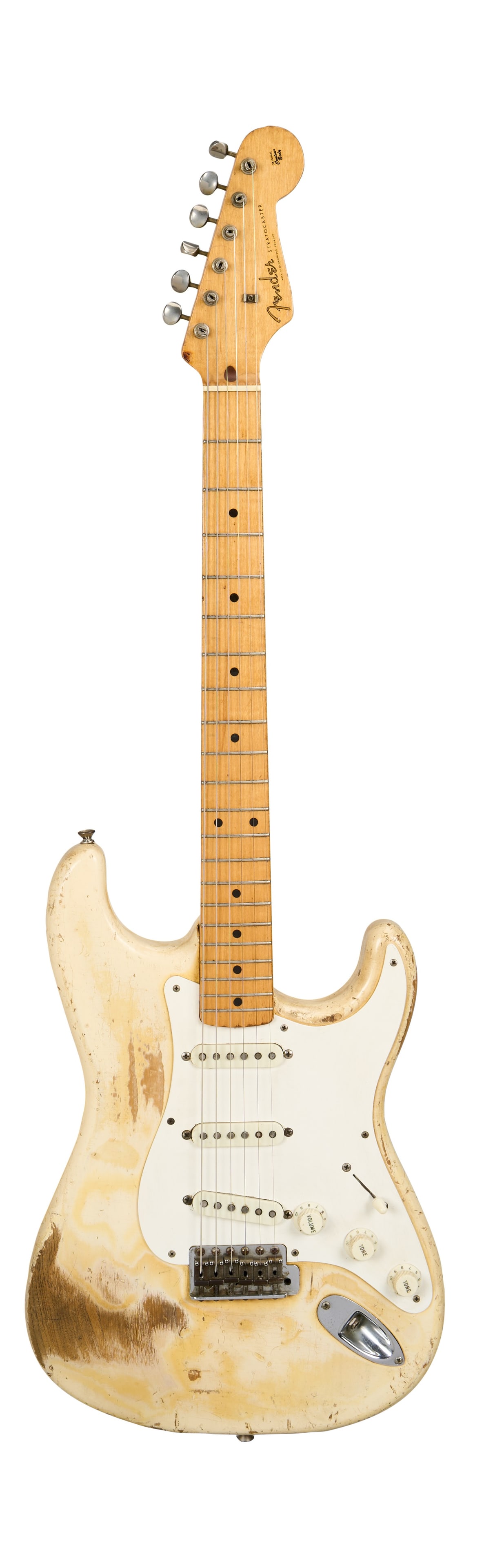 Motley Crue | Mick Mars Owned and Played 1959 Fender Stratocaster, Blonde: A 1959 Fender Stratocaster electric guitar in blonde finish, serial #32541, formerly owned and played by Mick Mars, guitarist of Motley Crue. The guitar features a one piece maple neck with a 2