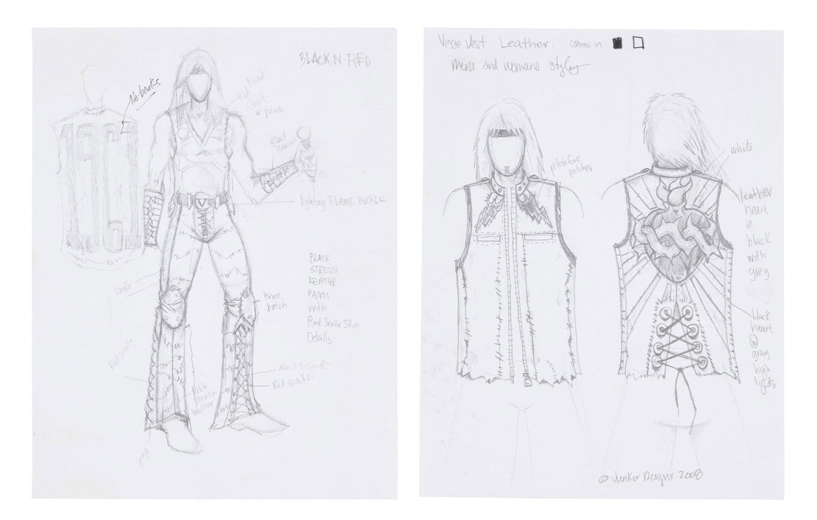 Motley Crue | 2008 Vince Neil Leather Costume Sketches: Two 2008 costume sketches of Motley Crue's Vince Neil, created by designer Tod Waters of Junker Designs. The pencil-on-paper sketches are designated "Black N Red" and "Vince Vest" and featu