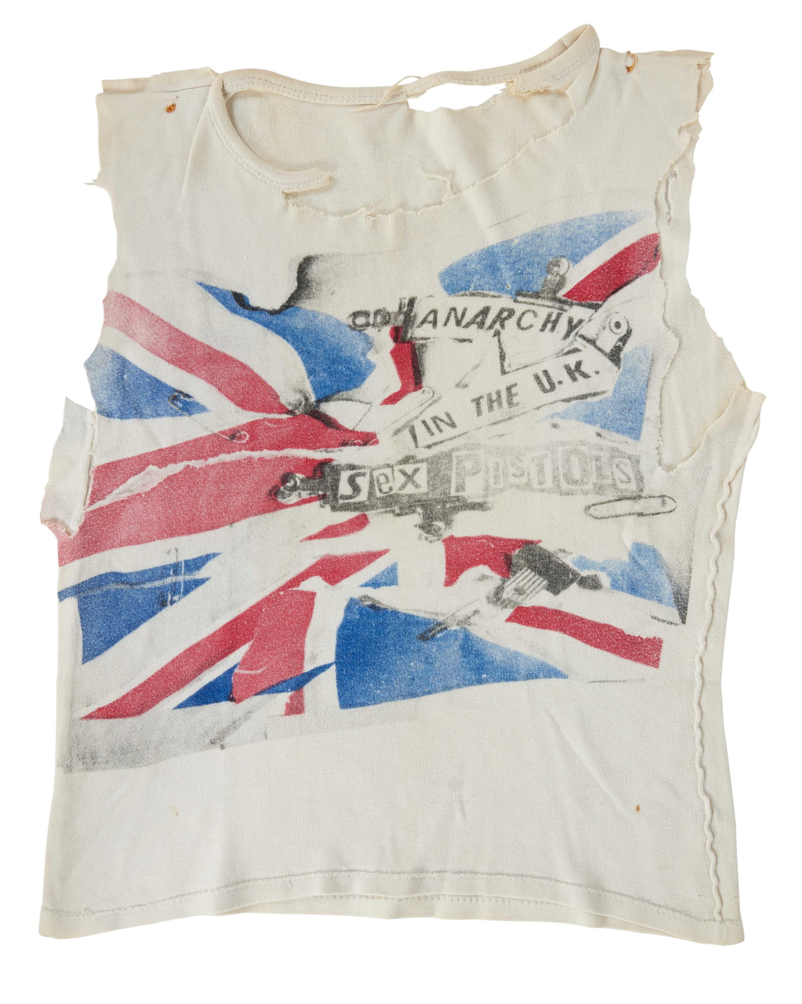 Sex Pistols | Paul Cook 1977 Stage-Worn "Anarchy In The U.K." T-Shirt with Original Unpublished: A Sex Pistols "Anarchy in the U.K." sleeveless t-shirt, stage-worn by Paul Cook of the Sex Pistols on December 6, 1977, at Donkiesjot, Sittard, Netherlands. This sleeveless T-shirt was from the 