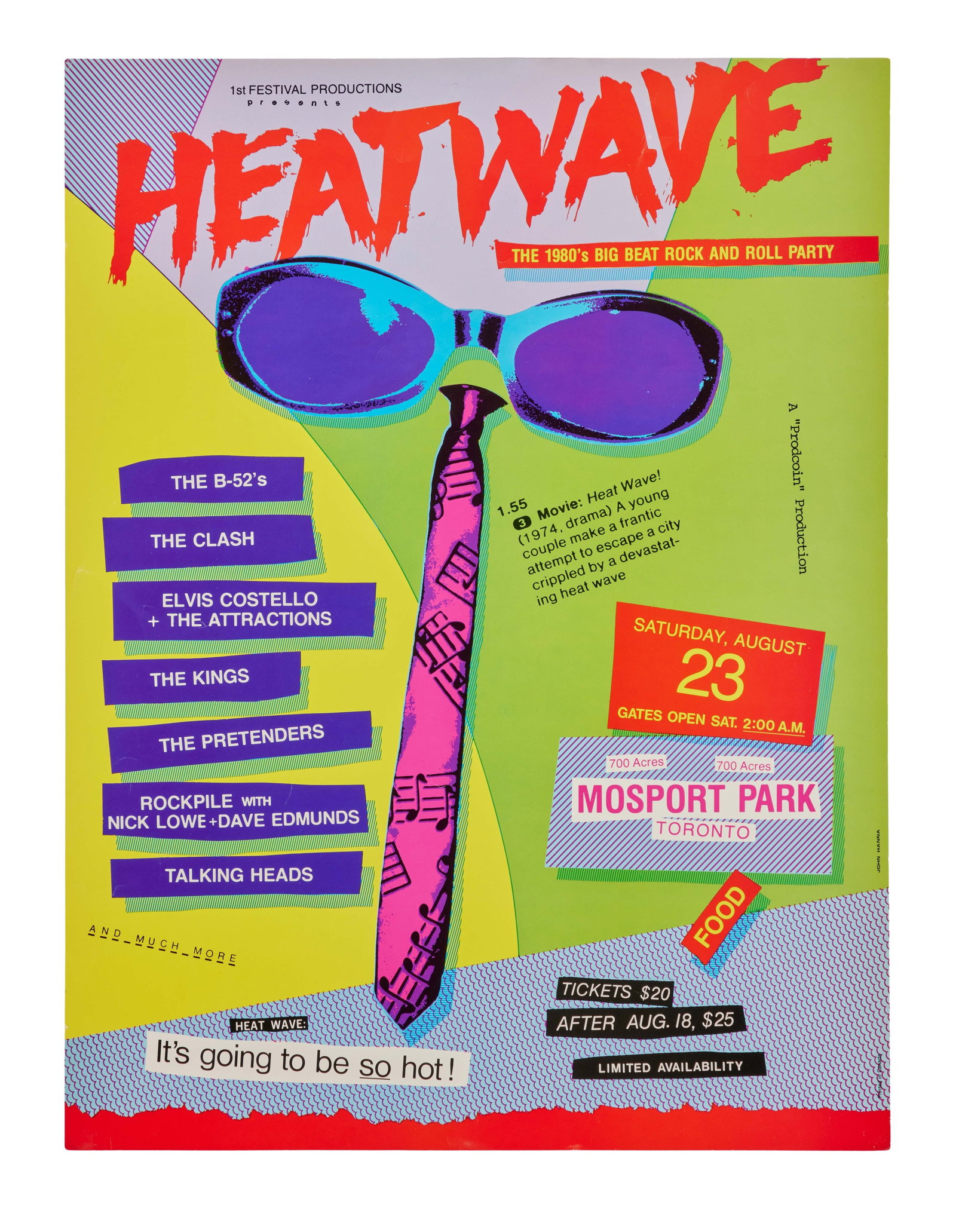 The Clash | Heatwave Music Festival Poster: An original poster that was issued to promote Heatwave Music Festival which was held on Saturday August 23rd, 1980 at Mosport Park in Toronto, Canada. The festival included acts such as Elvis Costello