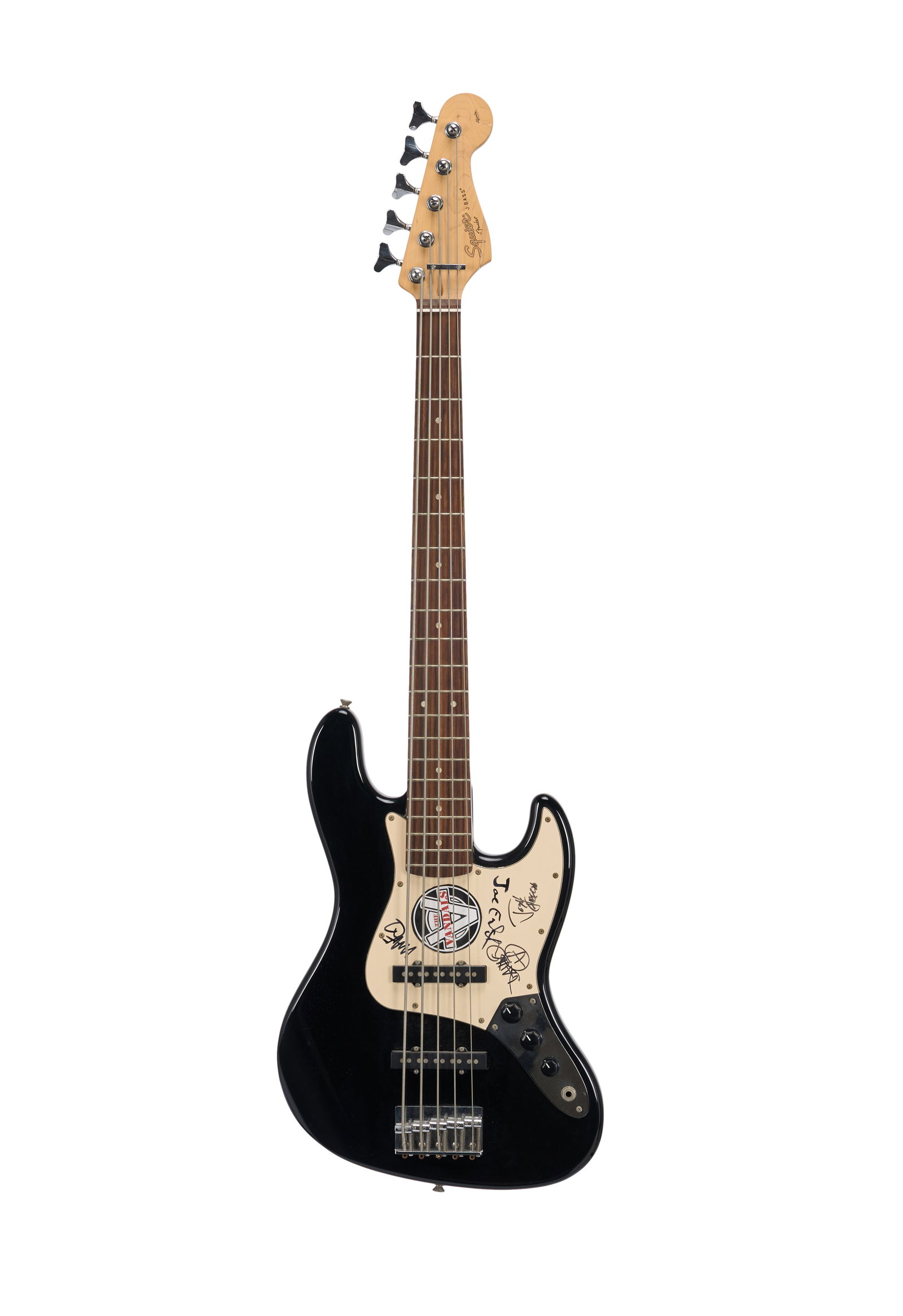 The Vandals | Band-Signed Squier Five String J Bass: A Squier Five String J Bass signed by members of punk band The Vandals, serial #CY150902368, in black finish. The band has signed the pickguard in black felt tip pen with a Vandals sticker affixed to 