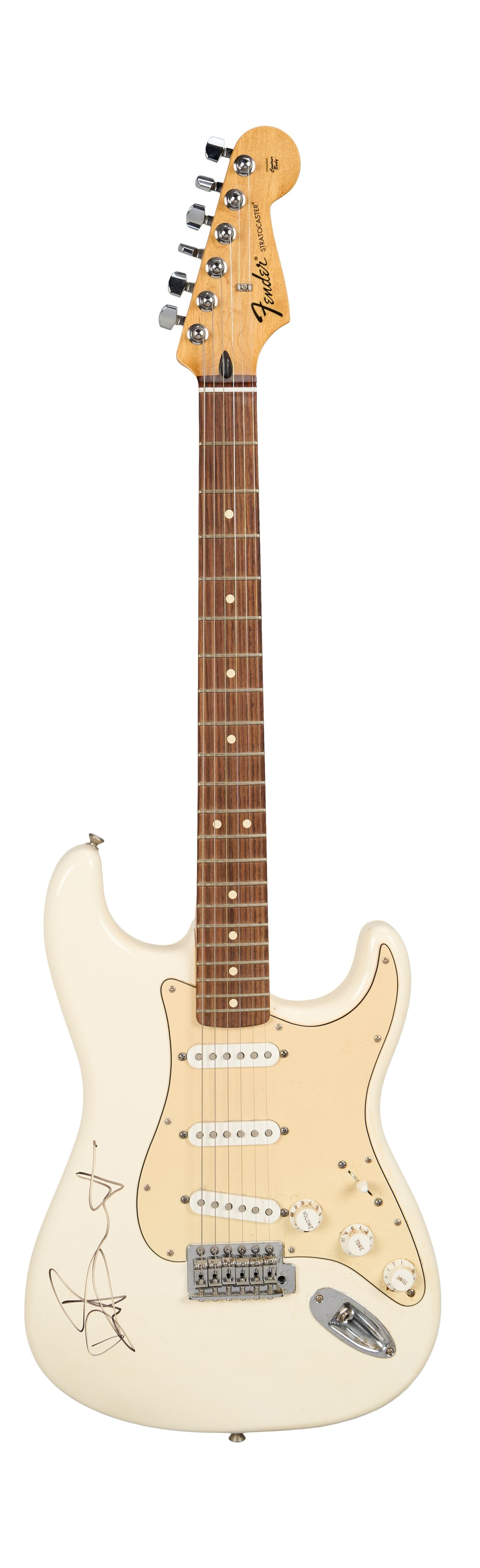 Eurythmics | Dave Stewart Signed Fender Stratocaster Electric Guitar, White: A white Fender Stratocaster electric guitar, serial #MX12249171, in white finish and autographed on the body by Eurythmics' Dave Stewart in black felt tip pen. ? The guitar features a 25.5 inch 