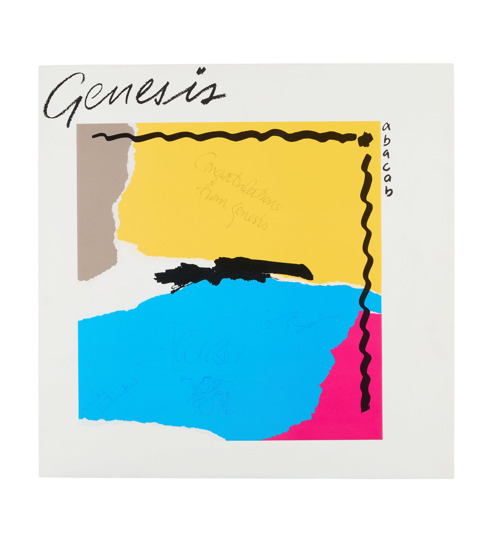 Genesis | Band Signed Promotional "Abacab" Record Album With Phil Collins Doodle: A UK vinyl promotional copy of Genesis 1981 album Abacab autographed on the front cover by the band. Phil has added "Congratulation from Genesis" in the yellow area of the signature, and drawn a caric