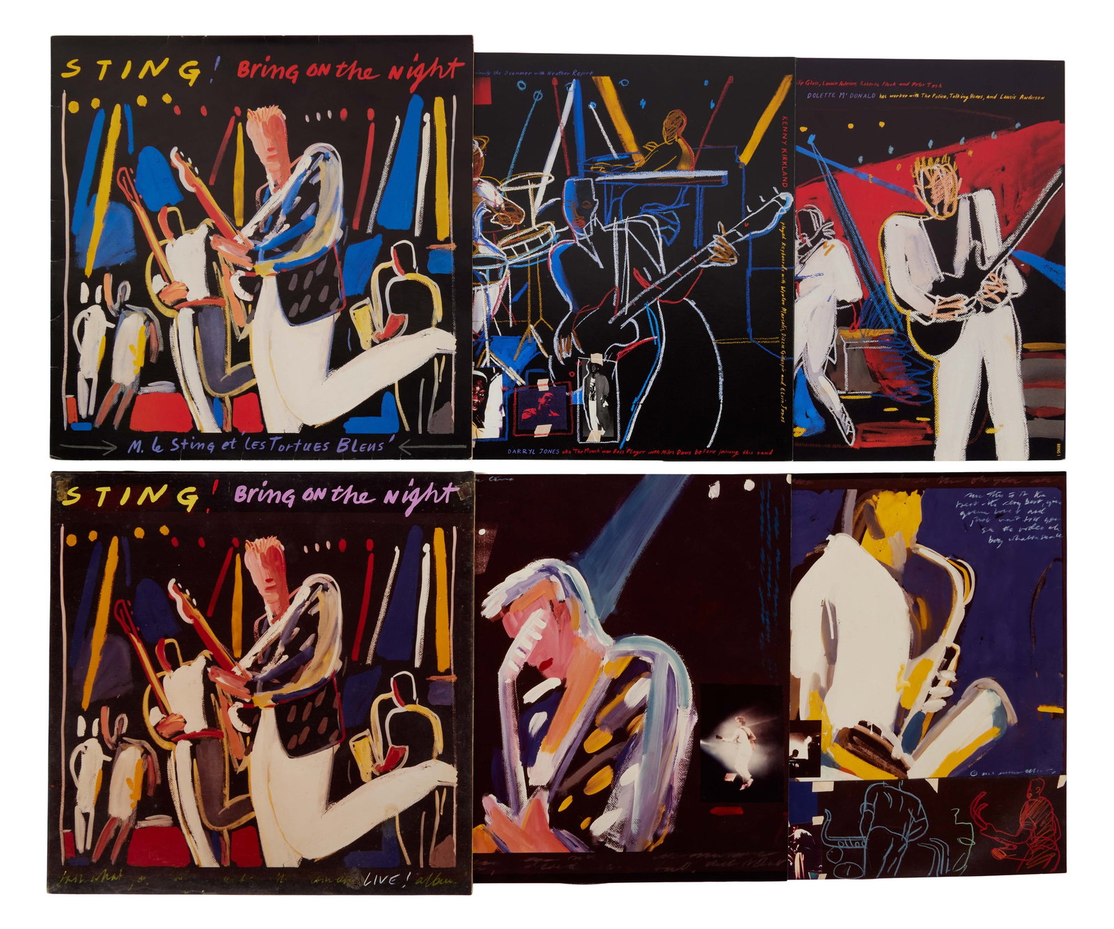 Sting | 1986 "Bring On The Night" Complete Original Artwork Including Inner Sleeves And Dummy: The original artwork for the outer sleeve, inner sleeves and record labels for the 1986 Sting album Bring On The Night. The sleeve was designed by Mike Ross and John Warwicker using paintings by Donna