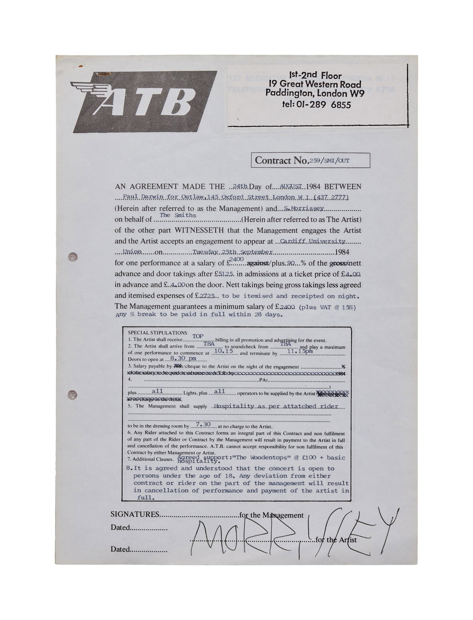 The Smiths | Morrissey Signed 1984 UK Tour Contract Cardiff University: The Smiths contract for a 1984 concert at Cardiff University which includes financial details, such as their fee for one performance, and special stipulations such as billing order and hospitality. Th