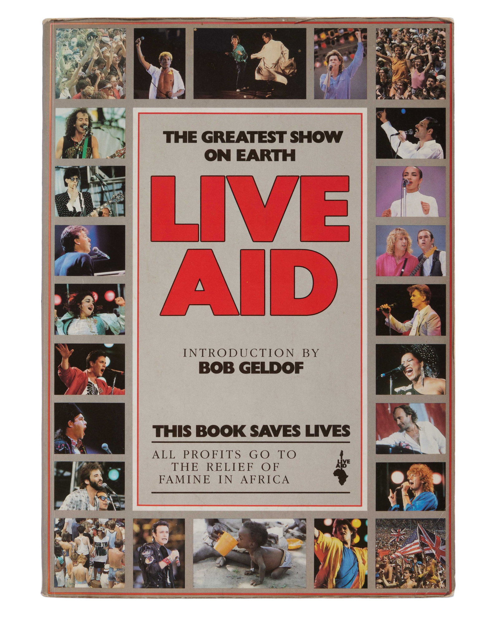 Live Aid | "The Greatest Show on Earth" Book Signed by Paul McCartney, Elton John, Pete Townshend,: The 1985 book, The Greatest Show on Earth: Live Aid, signed to the fly leaf and title page by Paul McCartney, Elton John, Frankie Valli, Brian May, Ronnie Wood, Elvis Costello, Pete Townshend, Bono,
