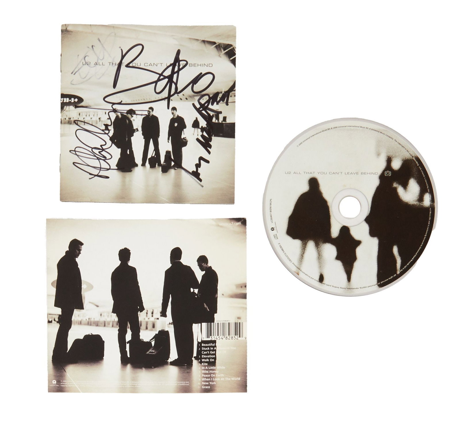 U2 | Band-Signed "All That You Can't Leave Behind" CD: A CD copy of U2's 2000 studio album All That You Can't Leave Behind, signed to the insert by all four members of the band in black marker (the Edge's signature is faint). This lot only includes the