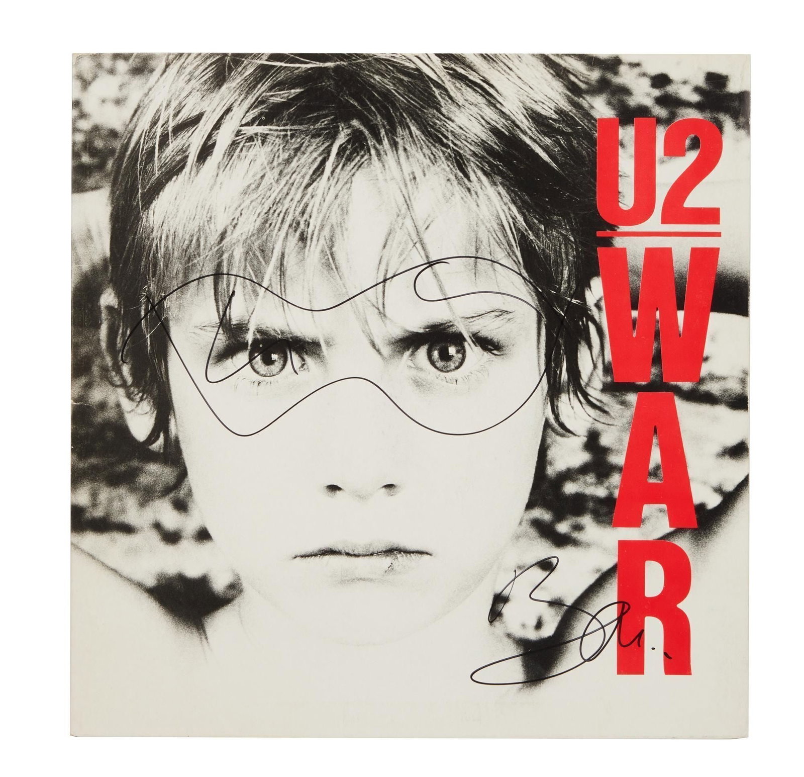 U2 | Bono Signed "War" Record Album: A vinyl pressing of U2's 1983 album War, signed in black marker by Bono, who has also drawn on visor-style glasses around the boy's eyes on the cover image.