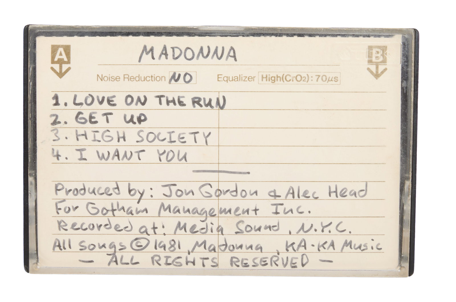 Madonna | Original 1981 "Gotham" Demo Cassette Tape: An original cassette audio recording featuring a set of pop-rock demo tracks recorded by Madonna in 1981 at Gotham Sound Studios in New York City, from the estate of Jon Gordon, a NYC session
