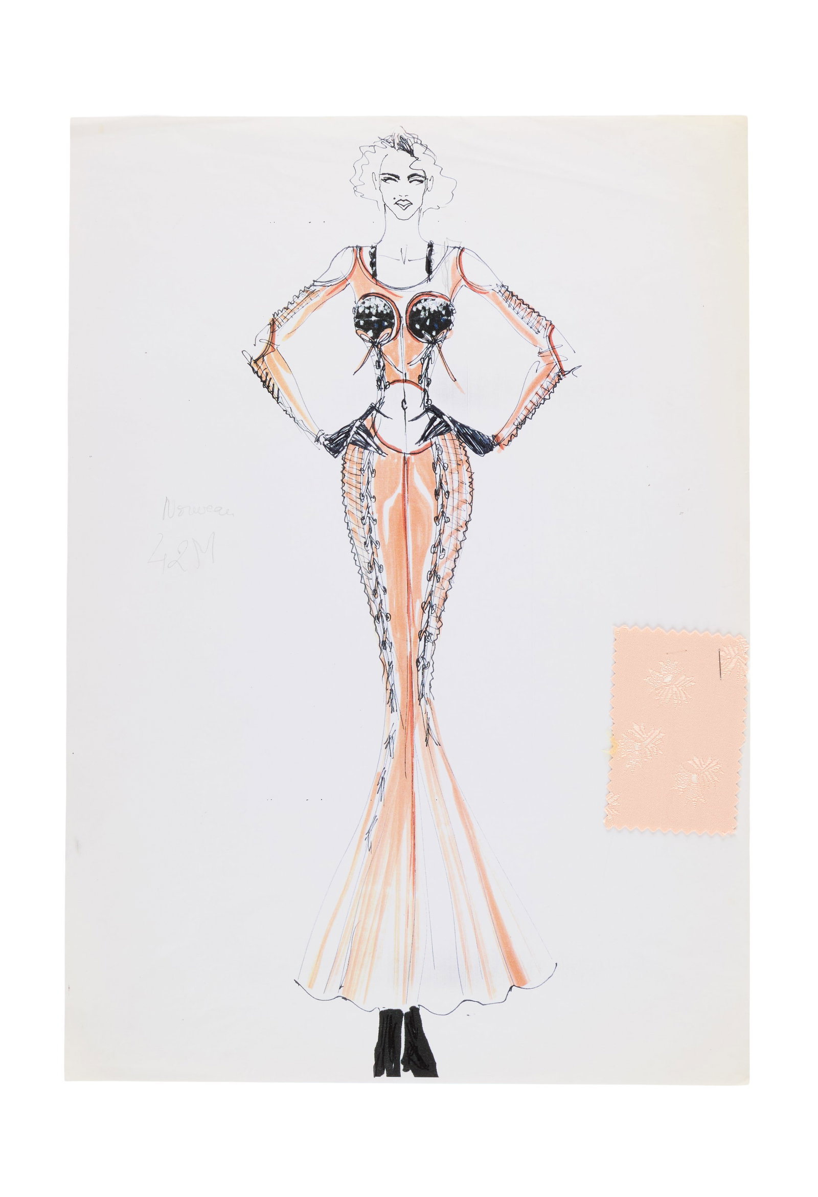 Madonna | Jean Paul Gaultier "Blonde Ambition" Costume Sketch with Swatch: An original Jean Paul Gaultier costume sketch from Madonna's 1990 Blonde Ambition Tour. There is a swatch of fabric stapled to the design, which also features a small annotation in pencil.