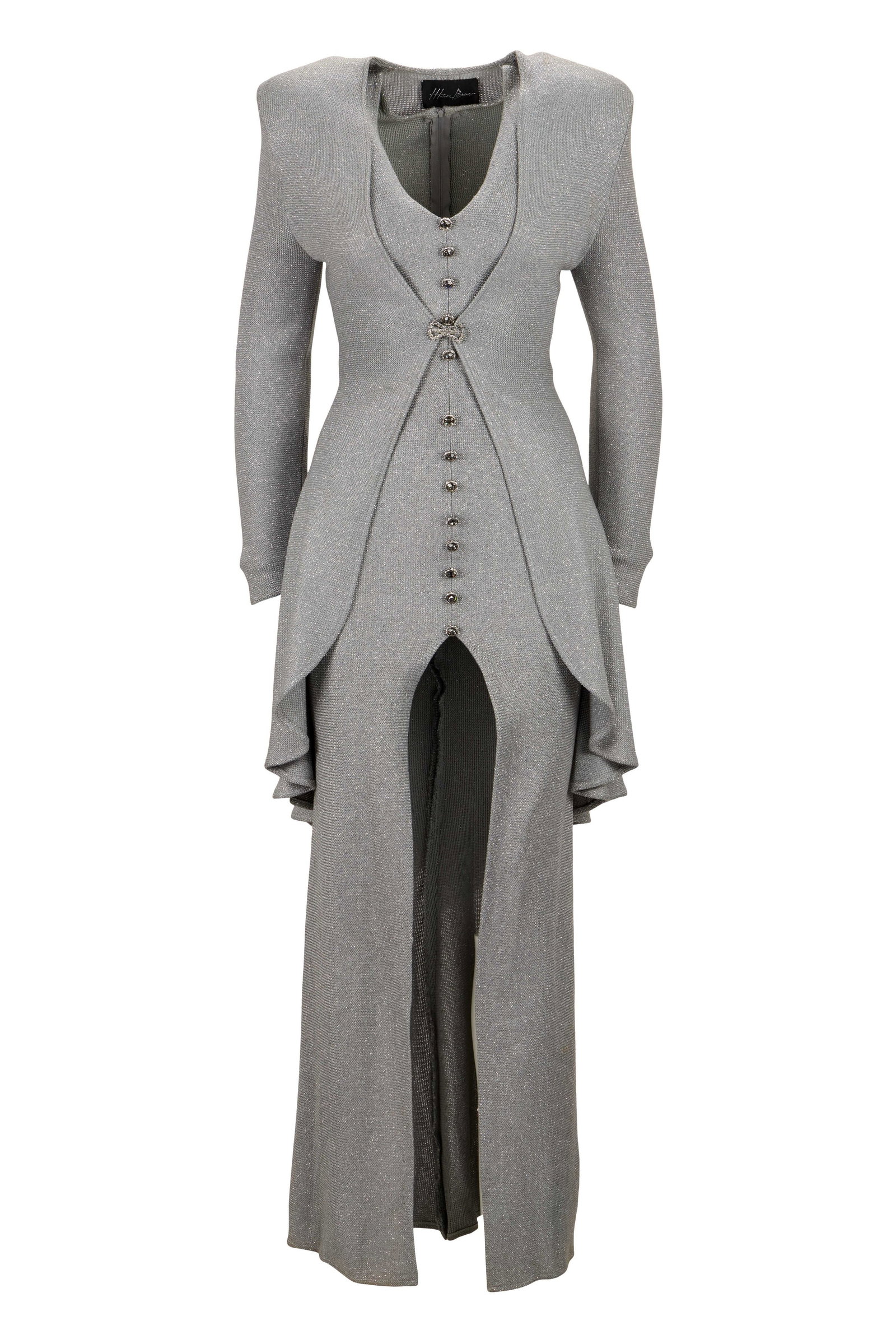 Whitney Houston | 1990 Stage-Worn Marc Bouwer Metallic Gown: A gray knit, figure-hugging Marc Bouwer gown woven with silver lam? and faceted glass buttons, stage worn by Whitney Houston in Japan in 1990 as part of her "Feels So Right" Tour. This month-long,