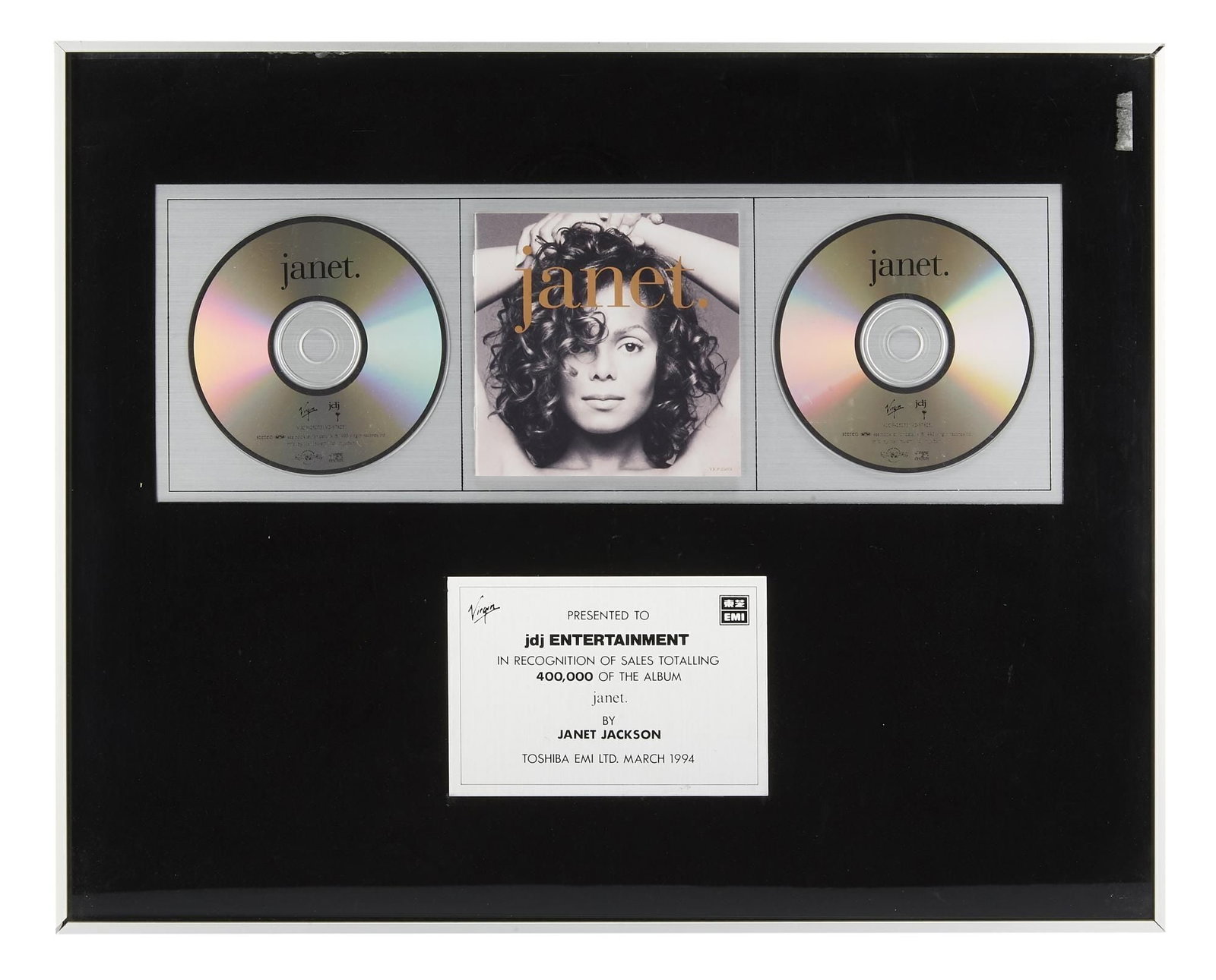 Janet Jackson | 1993 JDJ Entertainment Japanese Sales Award for "janet.": A Japanese (Toshiba-EMI) Sales Award presented to jdj Entertainment in recognition of sales of over 400,000 units of Janet Jackson's 1993 album, janet. janet. debuted on May 18, 1993, at #1 on