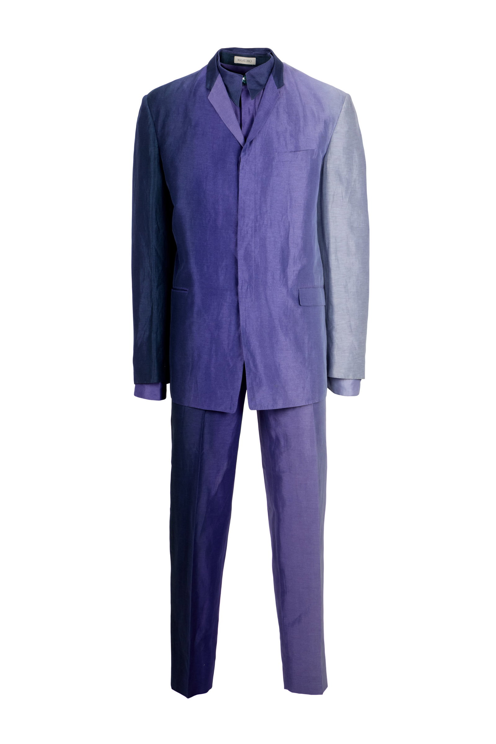 Luther Vandross | Owned Masatomo Suit: A purple ombre silk and linen blend suit, owned by Luther Vandross. The suit comprises a jacket, size XL; matching trousers, size 90; and a shirt, size XXL. Labeled Masatomo. Accompanied by a