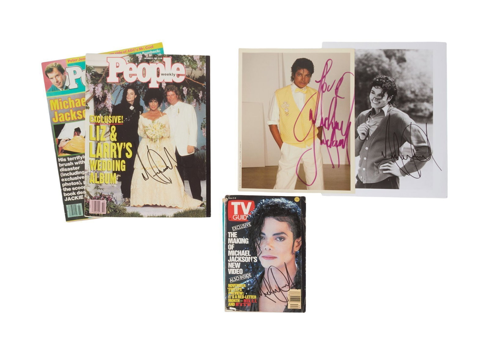 Michael Jackson | Signed Magazines and Photos: A group of 5 items signed by Michael Jackson, including: two People magazines, one TV Guide, and two photos (one color, one black-and-white).