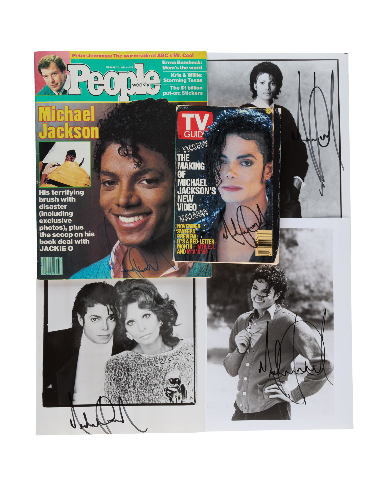 Michael Jackson | Signed Photos and Magazines: A group of five items signed in black marker by Michael Jackson. The group includes: one TV Guide; one People Weekly magazine; and three black-and-white photos.