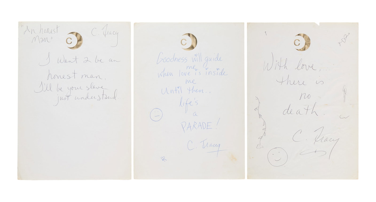 Prince | 1985 Lyrics Handwritten During the Production of "Under the Cherry Moon" with Screen-Used: Three sheets of paper on which Prince has handwritten lyrics for "Christopher Tracy's Parade," "An Honest Man," and the quote, "With love there is no death." These were handwritten by Prince during th
