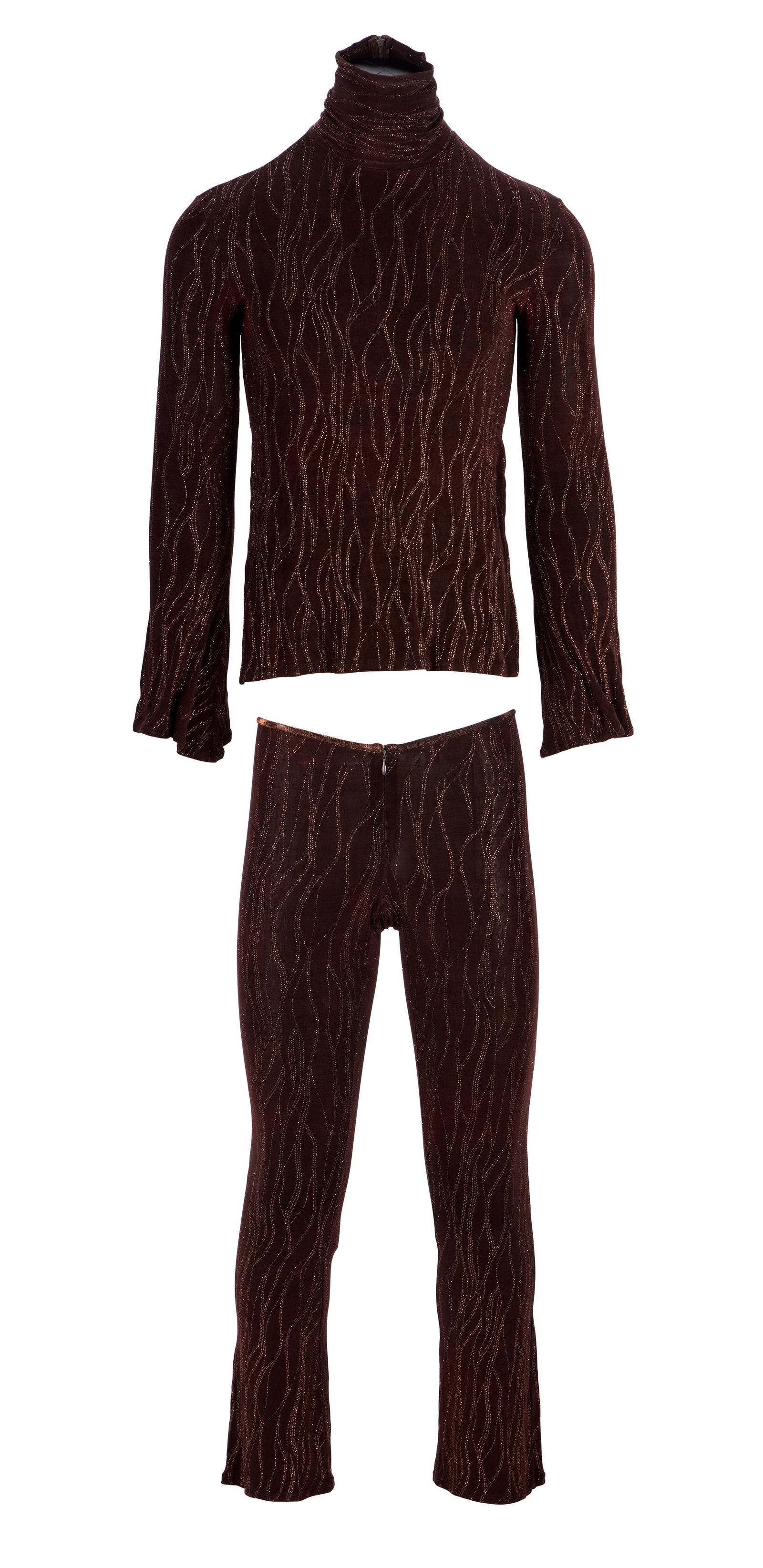 Prince | Custom-Made Jose Arellanes Brown Ensemble: A custom-made Jose Arellanes ensemble, made for Prince, c. 1990s. The ensemble includes: a brown turtleneck top with metallic embellishments in a swirl pattern, with a pair of matching pants.