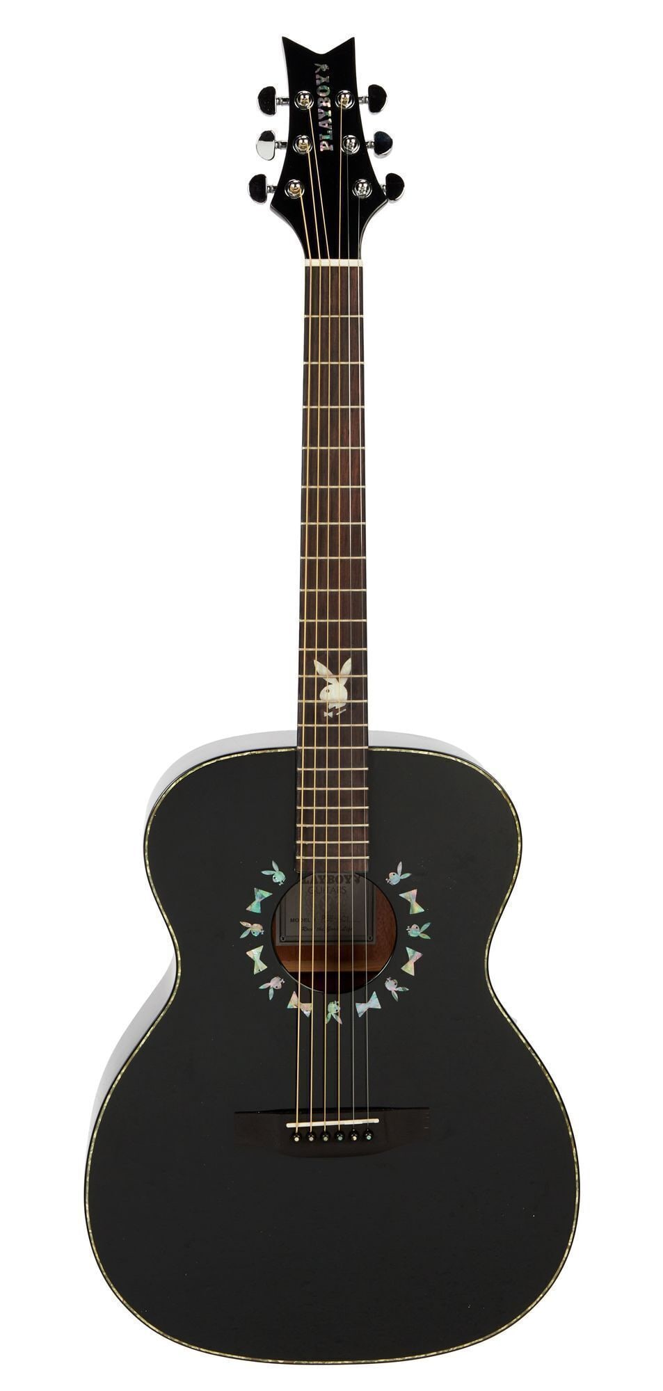 Playboy Limited Edition "Midnight Pearl" Acoustic Guitar New In Box: A Playboy “Midnight Pearl” PBE-AC1 limited edition acoustic guitar serial #PBA 00224 in gloss black finish. This was the first acoustic guitar sponsored by Playboy magazine designed by Ste