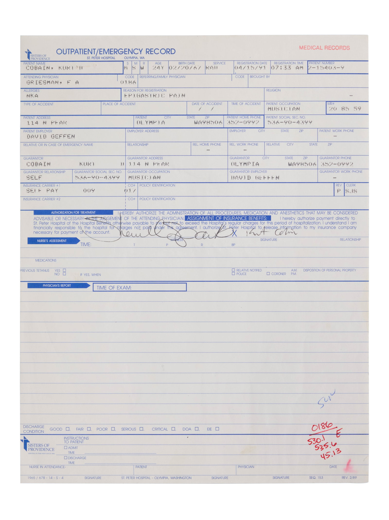 Kurt Cobain | 1991 Signed Hospital Records: A single sheet Outpatient/Emergency hospital record, dated 4/15/91 and signed by Kurt Cobain in black ink. The record lists "epigastric pain" as the reason for registration. Accompanied by a Letter