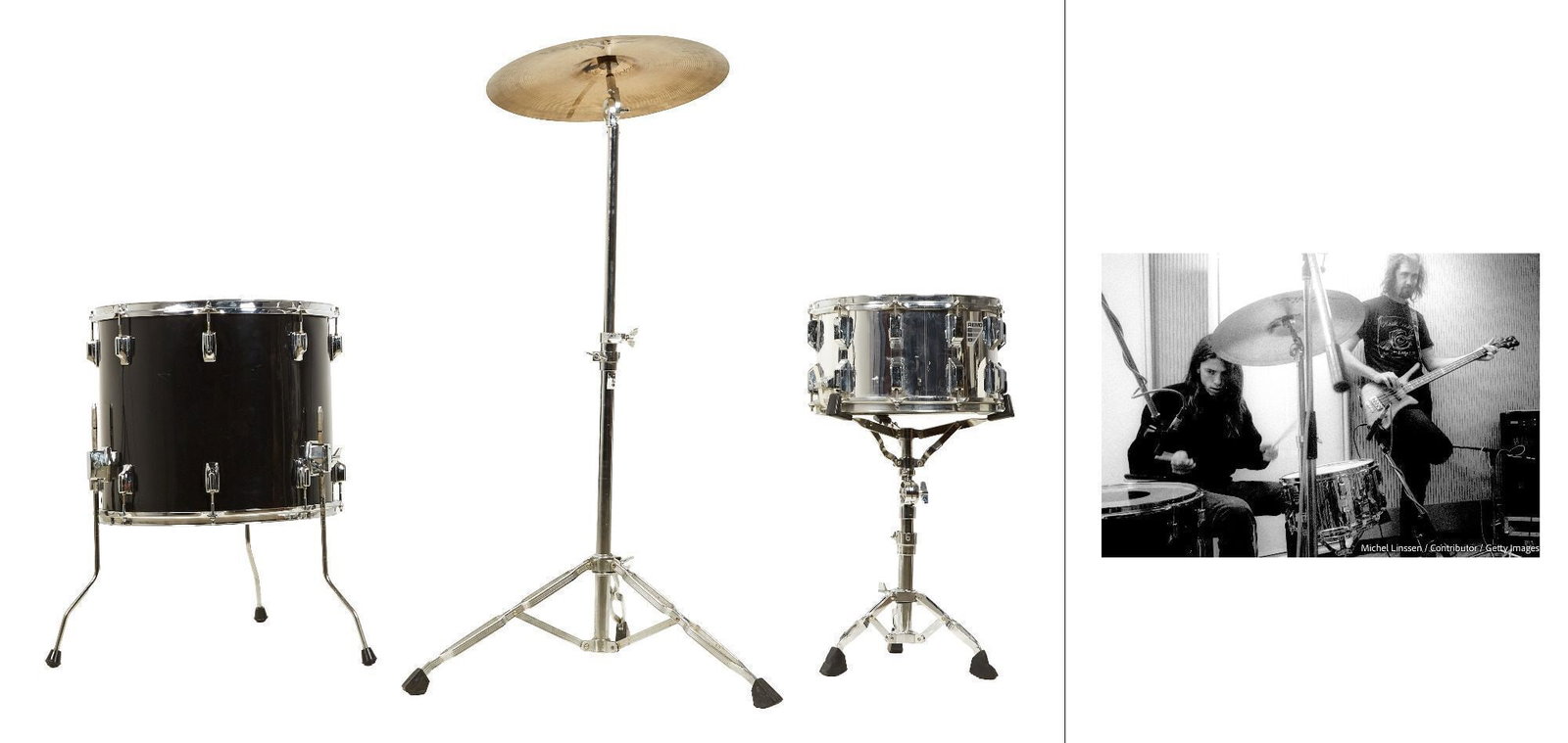 Nirvana | Photo Matched Dave Grohl Studio Played Hilversum Session Drums with Cymbals Stands and: A Remo Acousticon Quadra 14x8” steel snare drum (serial #36549) a Tama 18x16” floor tom (serial #15411182) in black a Zildjian 18” Crash Ride cymbal plus stands and cases all used by