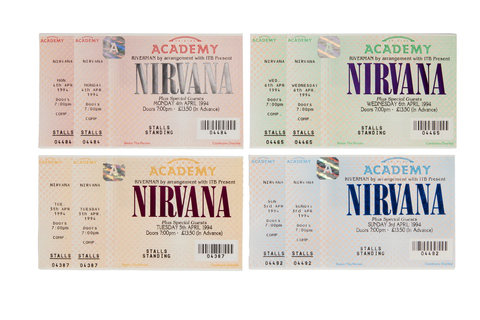 Nirvana | Unused April 1994 Brixton Academy Cancelled Concert Tickets: A complete set of four unused concert tickets for the cancelled Nirvana performances that were scheduled to be played at Brixton Academy in London on April 3rd, 4th, 5th and 6th, 1994. Nirvana's