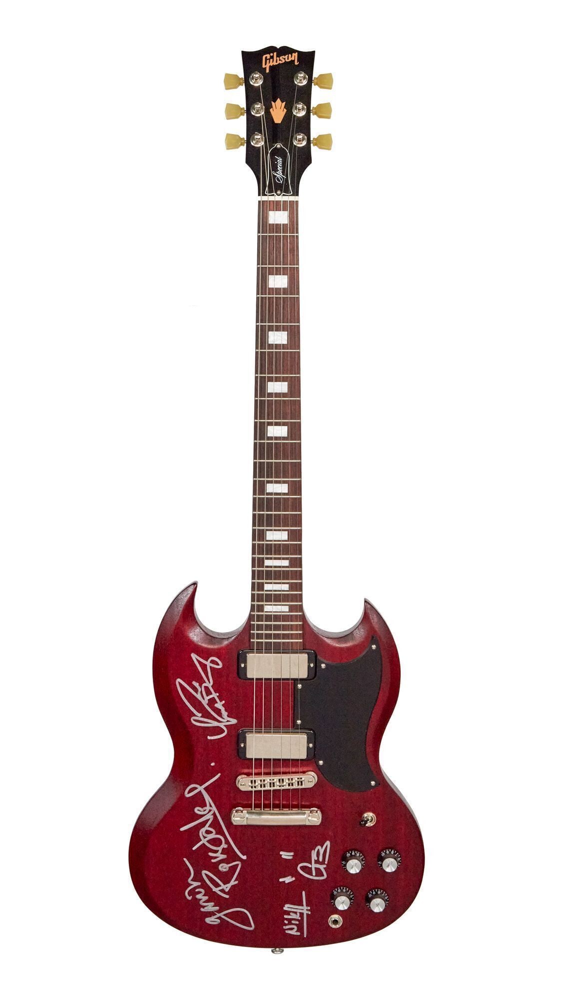 Bush | Band Signed 2018 Gibson SG Special 70s Tribute Electric Guitar: A 2018 Gibson SG Special 70s Tribute electric guitar, serial #180018220, in Satin Cherry finish and signed by Bush members Gavin Rossdale, Chris Traynor, Corey Britz, and Nik Hughes. Two photos