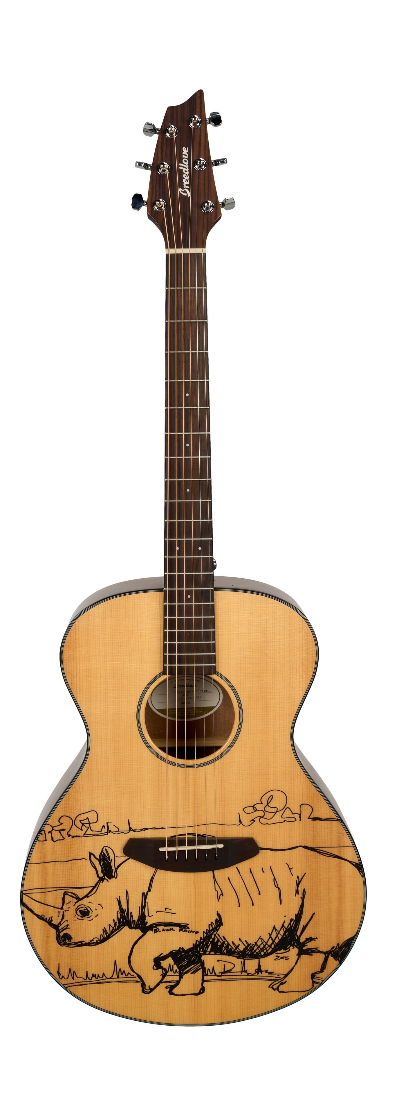 Dave Matthews | Signed Breedlove Discovery Concert Acoustic Guitar with Rhino Illustration: A 2014 Breedlove Discovery Concert acoustic guitar, serial #CC141108661, in natural finish and signed in black felt tip pen by singer-songwriter Dave Matthews, who has also added a large illustration