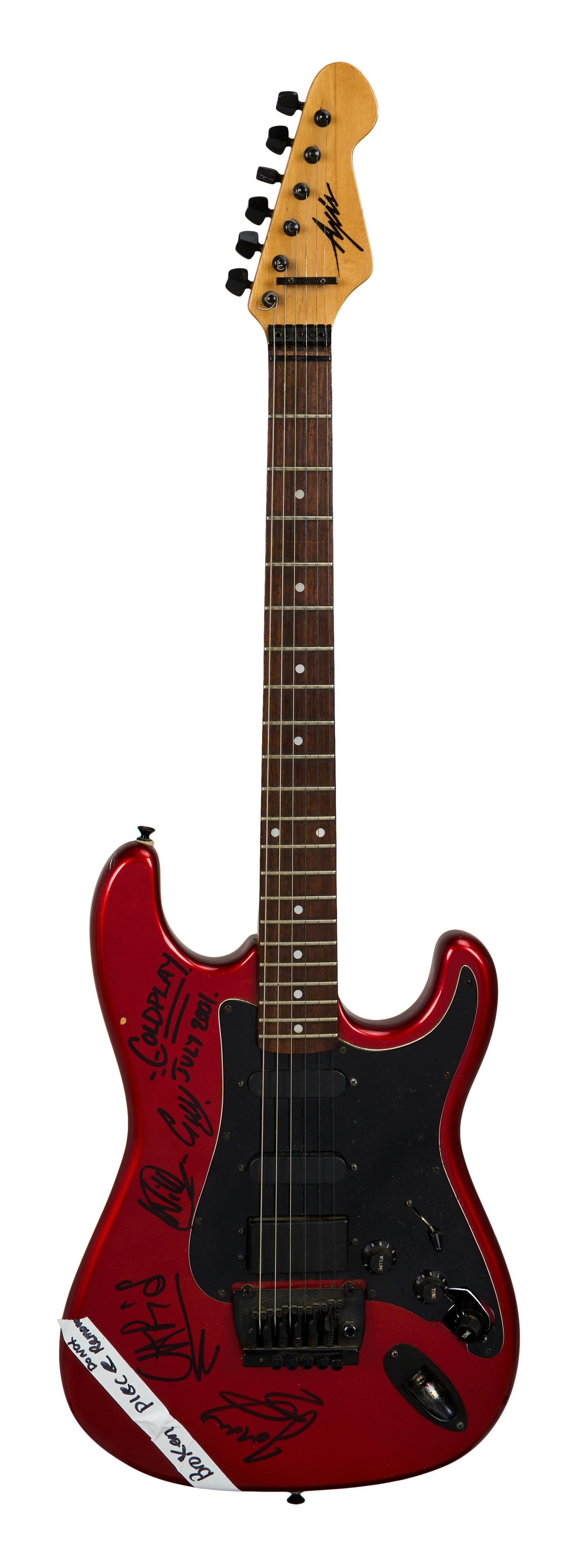 Coldplay | Signed Axis Strat-Style Electric Guitar, Candy Apple Red: A presumably 1990s Axis brand import Stratocaster style electric guitar signed by the members of Coldplay and dated July, 2001. The band signed and inscribed the band's name in black felt tip pen on