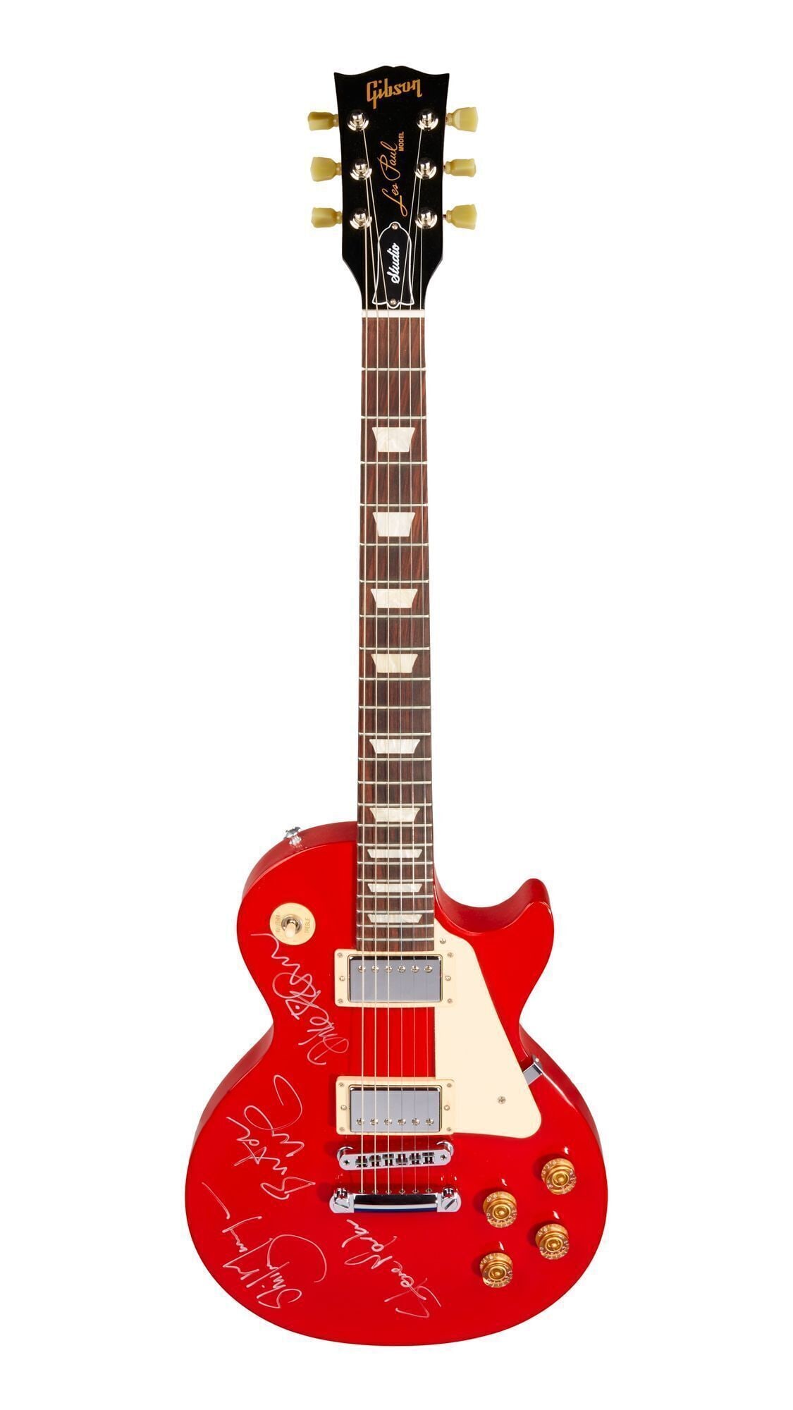 Garbage | Band Signed 2016 Gibson Les Paul Studio T Electric Guitar, Radiant Red: A 2016 Gibson Les Paul Studio T electric guitar, serial #160107950, finished in Radiant Red. The guitar is signed in silver felt tip pen by members of Garbage including Shirley Manson, Duke Erikson,