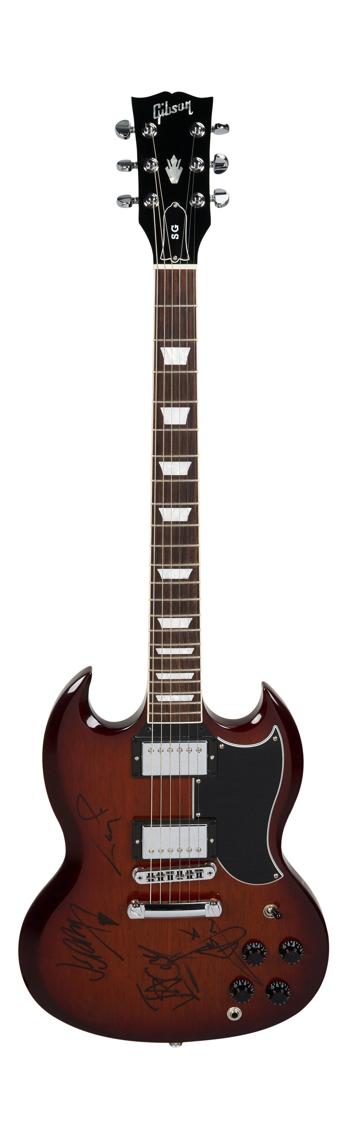 Papa Roach | Signed Gibson SG Standard 2018 Electric Guitar, Autumn Shade: A Gibson SG Standard 2018 electric guitar, serial #18006618, in Autumn Shade finish and signed in black felt tip pen by members of the Band Papa Roach including Jacoby Shaddix, Jerry Horton, Tobin