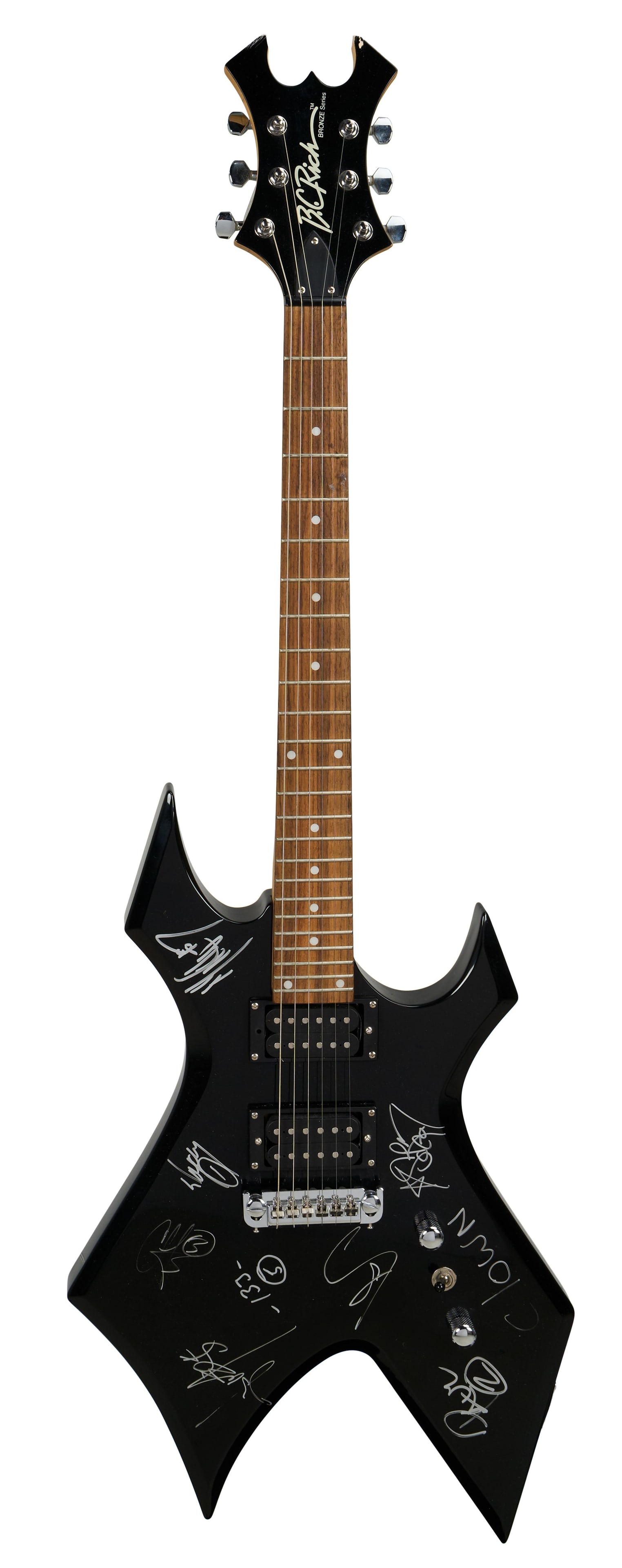 Slipknot | B.C. Rich Warlock Signed by All 9 Band Members, Black: A B.C. Rich Bronze Series Warlock electric guitar, serial #01020057, signed in silver felt tip pen by all 9 members of the band Slipknot on July 6th, 2004. Signatures are bright against the black