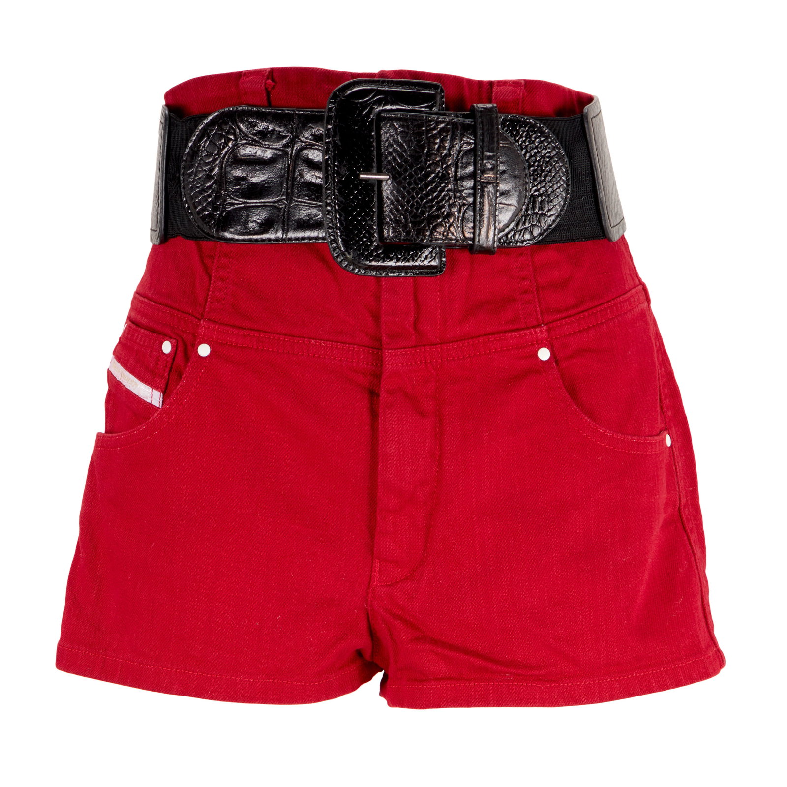 Amy Winehouse | Diesel Red Denim Shorts, Black Chunky Belt, and Artist Pass Worn at T In The Park: These are a pair of size small red Diesel denim shorts and a black stretch snakeskin chunky belt worn on stage by Amy Winehouse at her legendary 2008 T in the Park performance in Scotland. 