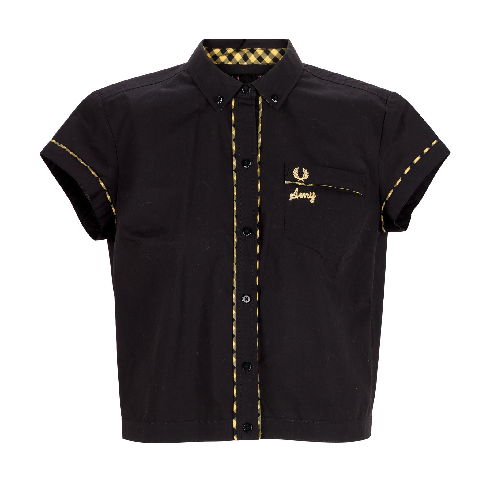 Amy Winehouse | Fred Perry Shirt: A black cotton bowling-style shirt with yellow gingham trim, monogrammed "Amy," from the Fred Perry/Amy Winehouse collaboration collection. Fred Perry and Amy Winehouse labels are present. US