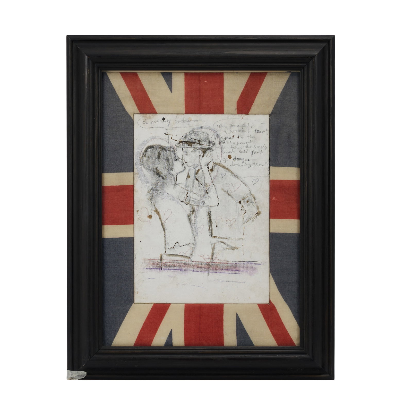 Amy Winehouse | Original Pete Doherty and Winehouse "Amy 4 Blake" Artwork: An original illustration created by Amy Winehouse and Pete Doherty (former Libertines frontman). The artwork (which is framed and mounted over a British flag textile) was executed on a canvas panel us