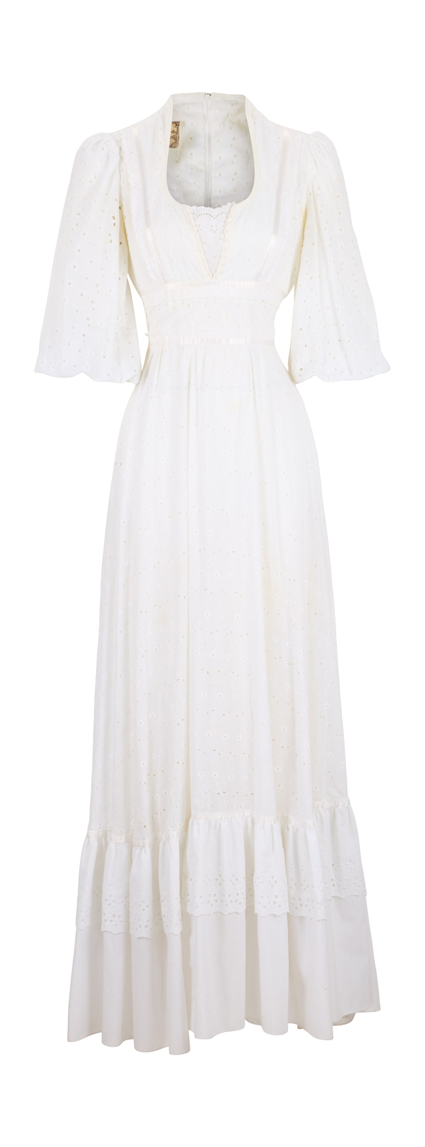 The White Stripes | Meg White "Elephant" Album Cover-Worn Gunne Sax Dress with CD: A vintage white cotton eyelet maxi dress by Gunne Sax, worn by Meg White on the cover of The White Stripes' 2003 studio album Elephant, from the personal collection of frequent collaborator and close 