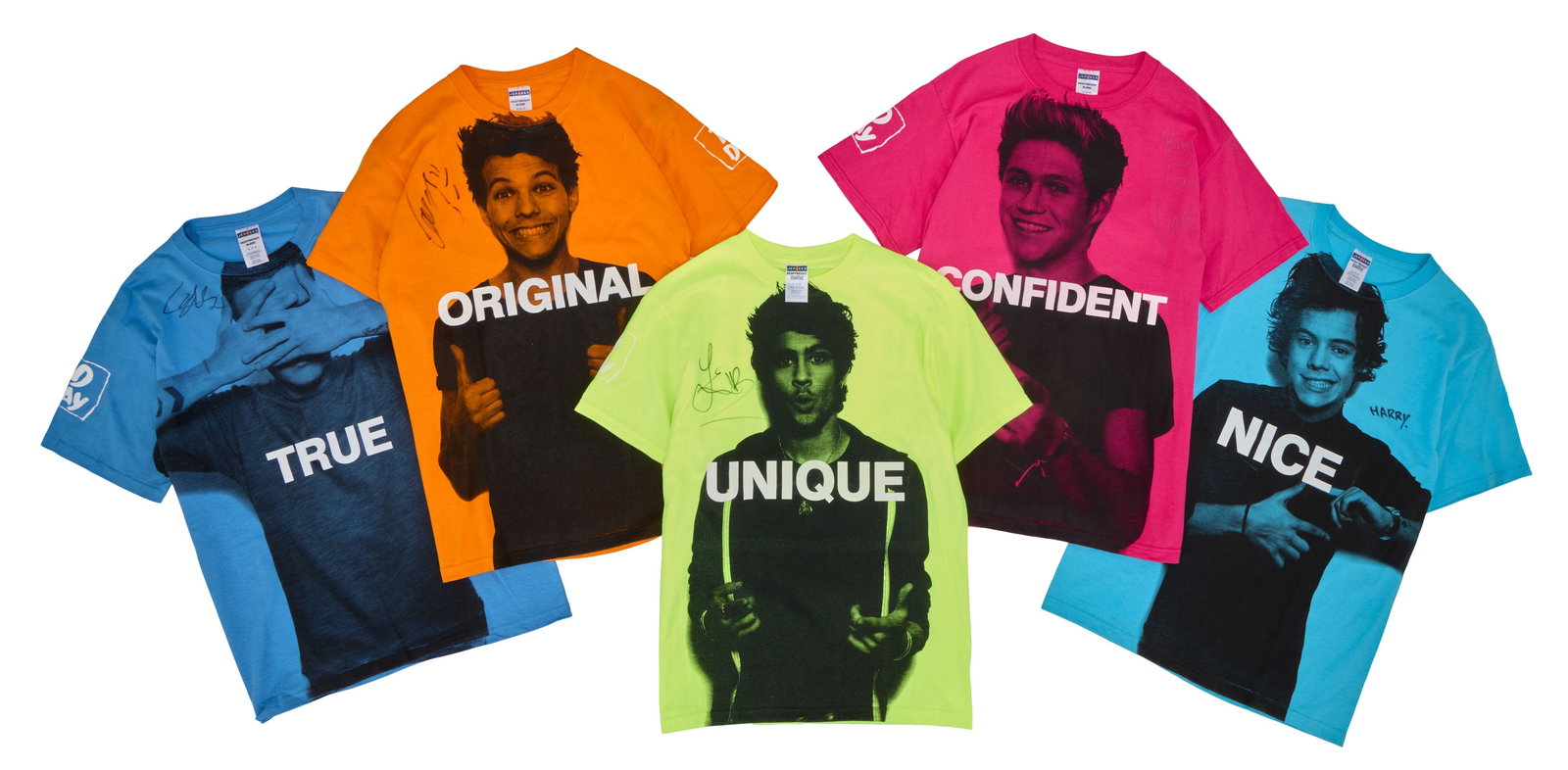 One Direction | Band-Signed One Direction x Office Depot "Together Against Bullying" Campaign: Five signed One Direction x Office Depot "Together Against Bullying" campaign t-shirts including: a light blue t-shirt featuring Harry Styles with the caption "NICE," signed by Styles on the front in 