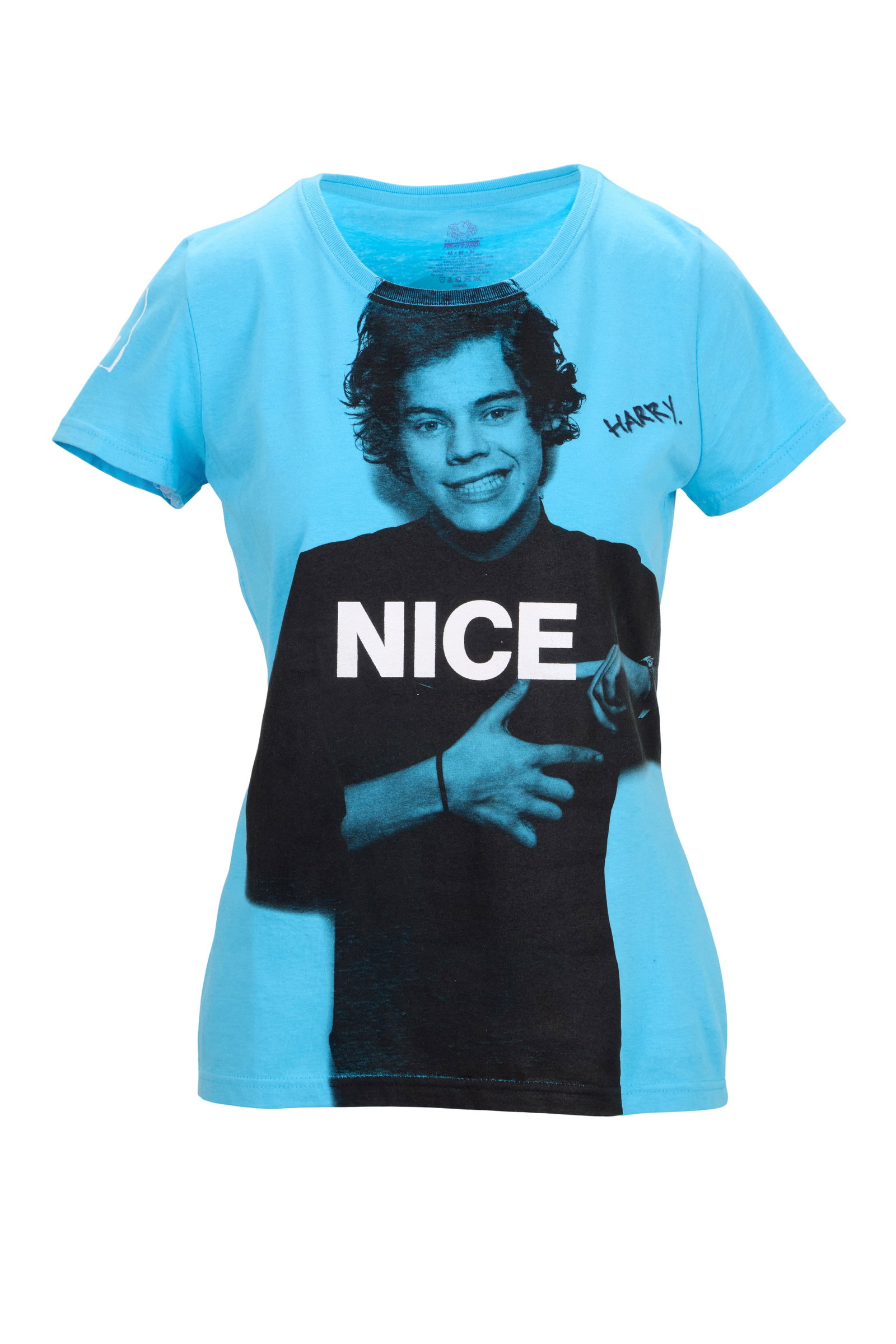One Direction | Harry Styles Signed One Direction x Office Depot "Together Against Bullying": A light blue One Direction x Office Depot "Together Against Bullying" campaign t-shirt featuring Harry Styles with the caption "NICE," signed by Styles on the front in black marker. Size M. In 2