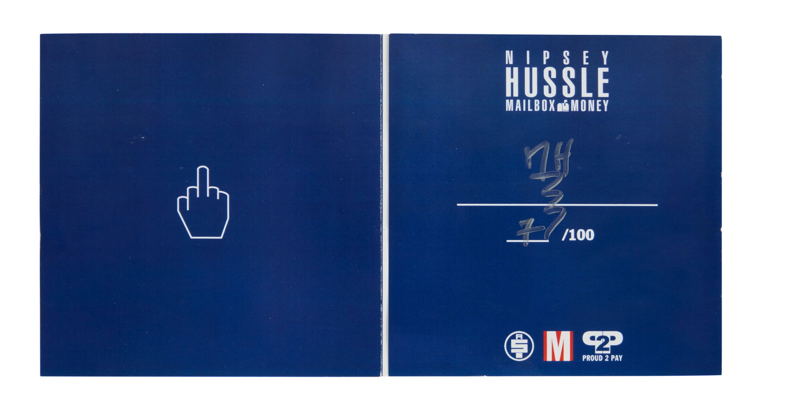 Nipsey Hussle | Signed Limited-Edition Mailbox Money CD: A CD copy of Mailbox Money, the ninth mixtape by Nipsey Hussle, released on December 31, 2014, signed on the interior sleeve in silver marker. Limited edition 7/100. The project is famous for its "Pro