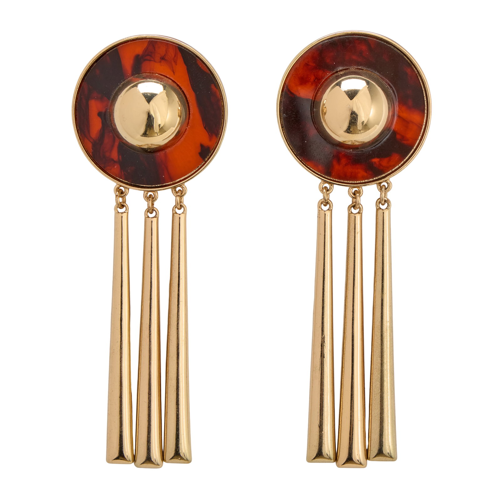 Lady Gaga | 2021 "Casa Gaga" Haus Labs Promo Video-Worn Costume Earrings: A pair of statement gold-tone and tortoise shell resin bar drop earrings, worn by Lady Gaga in a promotional video for the limited-edition "Casa Gaga" Italian Glam Collection by Haus Labs, which launc