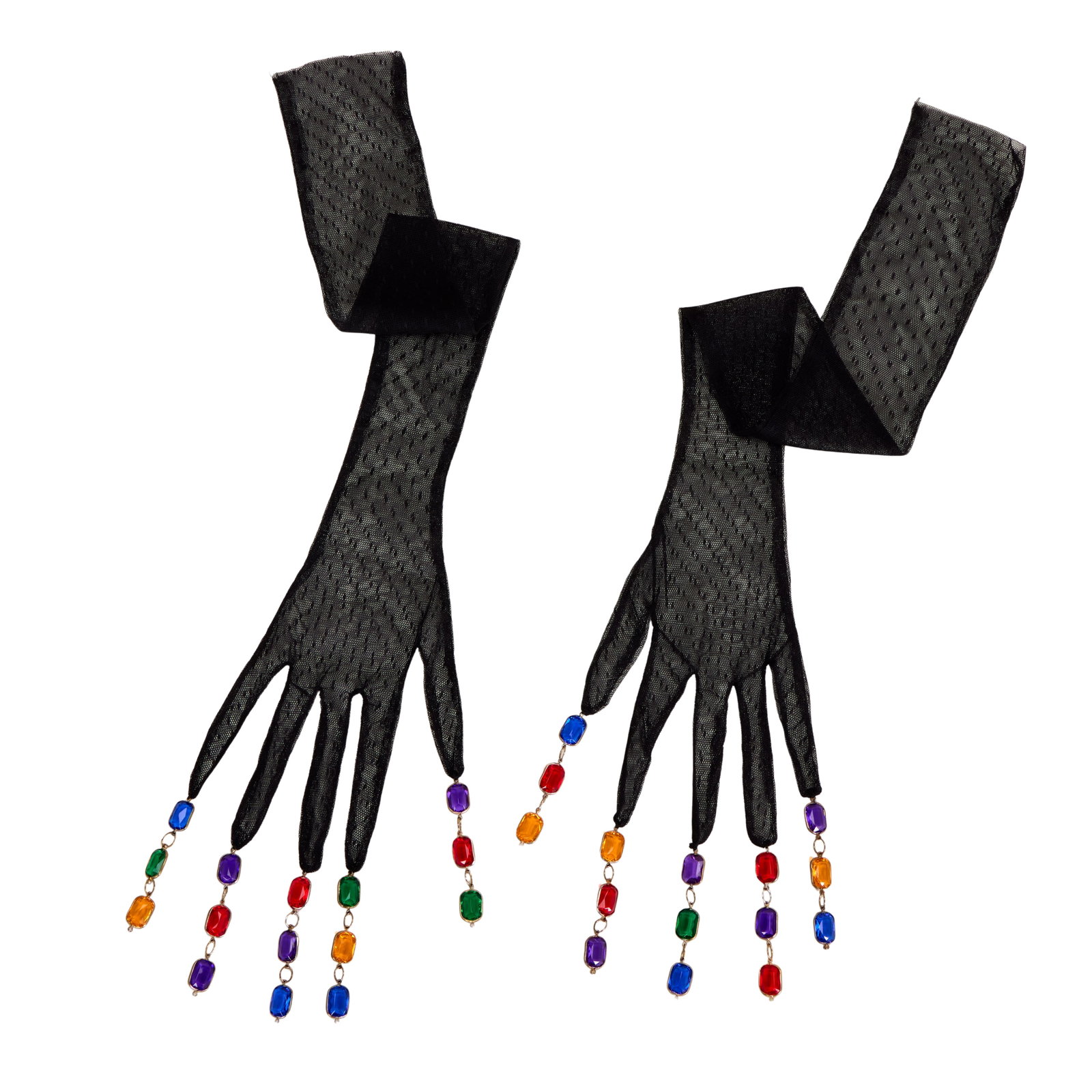 Lisa | 2025 W-Magazine Korea Cover-Worn Fringe Gloves with Magazine: A pair of black mesh opera gloves, with each finger featuring a tiered, colorful gemstone fringe suspending from the tip of each finger, worn by Lisa of BLACKPINK on the cover of the 2025 Issue of W-M