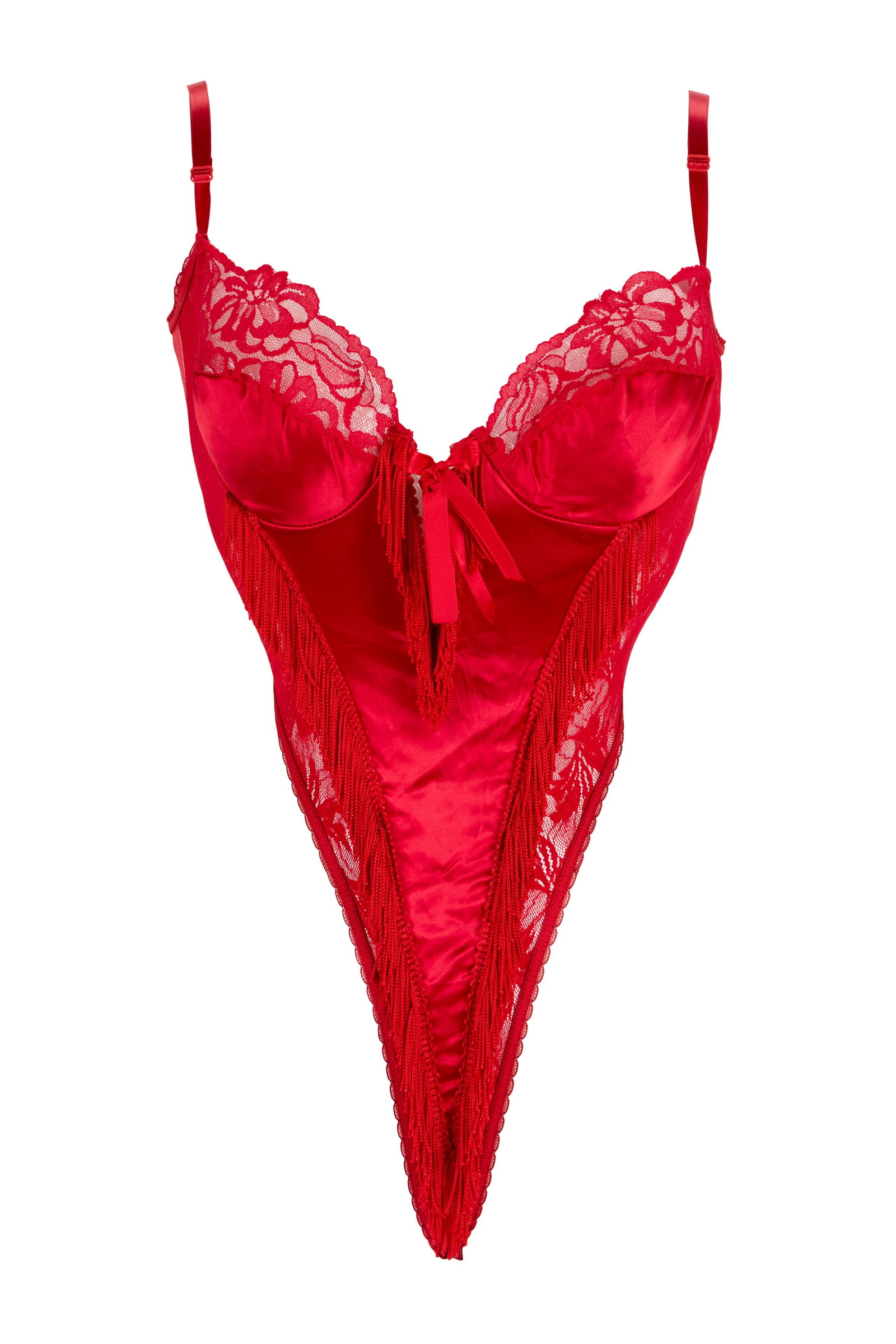 Tate McRae | 2026 Rolling Stone Magazine Cover-Worn Bodysuit with Magazine: A vintage red lace lingerie bodysuit, worn by Tate McRae in the January 2026 issue of Rolling Stone Magazine. The lace, satin, and mesh high-cut bodysuit features red fringe details and a ribbon bow a