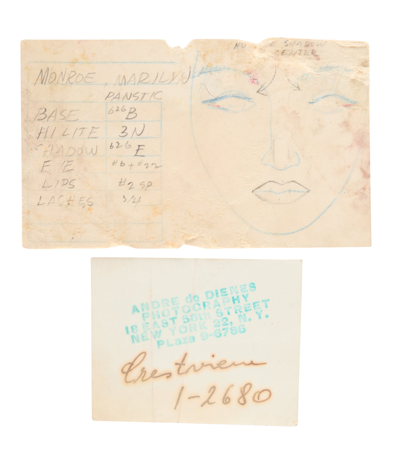 Marilyn Monroe | Circa 1946 Small Make-Up Chart: An individual index card; with penciled annotations in an unknown hand, but likely by a cosmetician at Blue Book Models [the agency where Marilyn worked when she first became a professional model];