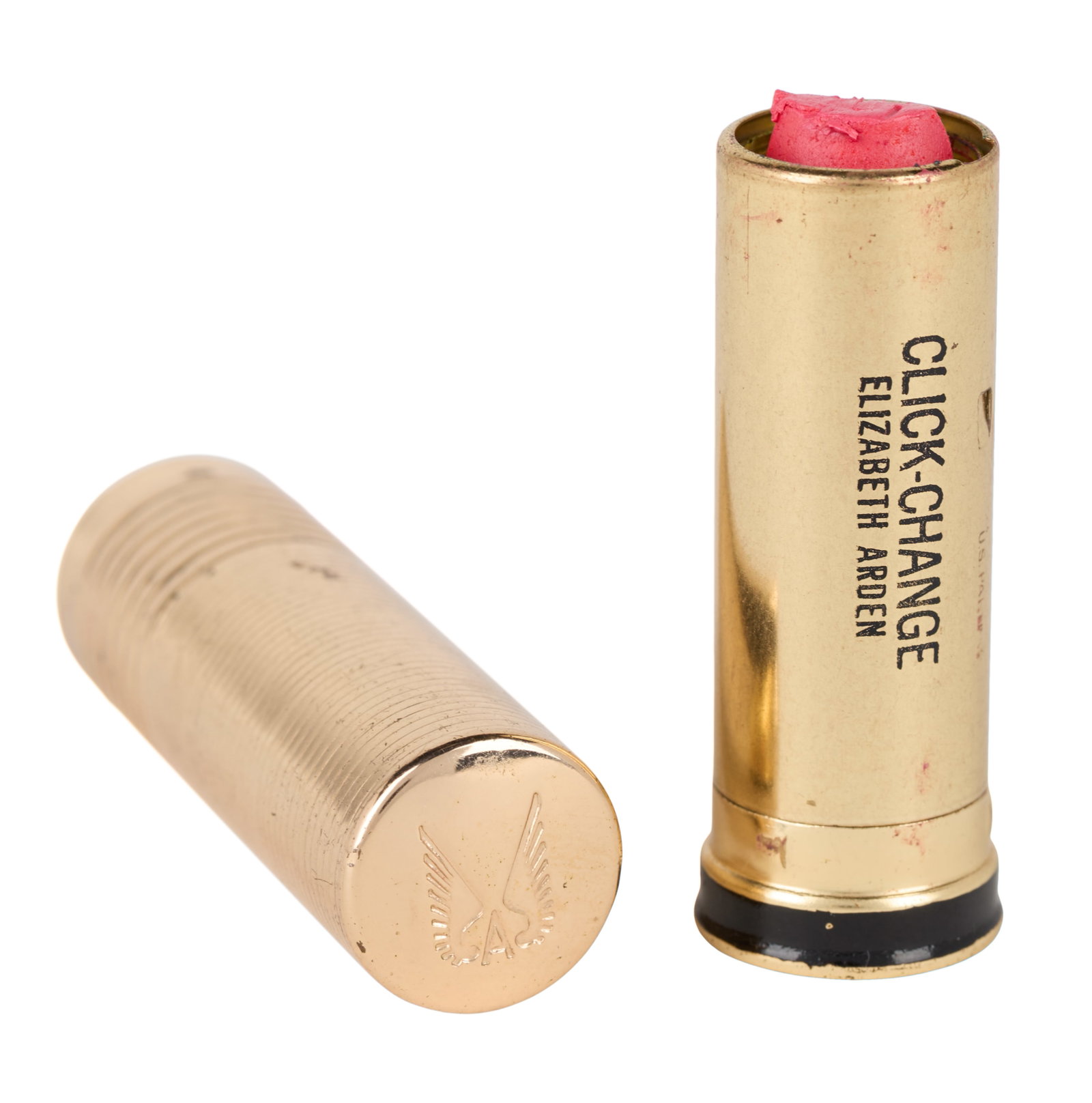 Marilyn Monroe | 1950s Lipstick by Elizabeth Arden: A gold-tone tube; marked "18 Carat Gold Plated," bottom with a sticker reading "Elizabeth Arden / New York / Pink Spark," side of inner canister notes "Click-Change / Elizabeth Arden," inside reveals