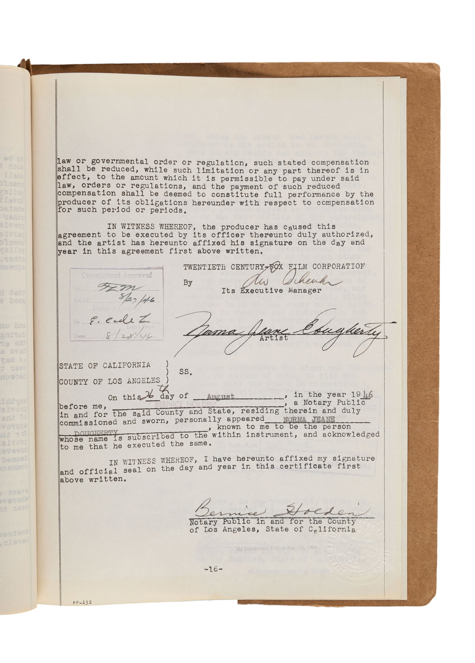Marilyn Monroe | 1946 Signed Historic First Contract with 20th Century Fox: A 17 page boilerplate document; housed in a brown folder with a typed title reading "Agreement / Between / Twentieth Century-Fox Film Corporation / And / Norma Jeane Dougherty ? Artist / August 24, 19