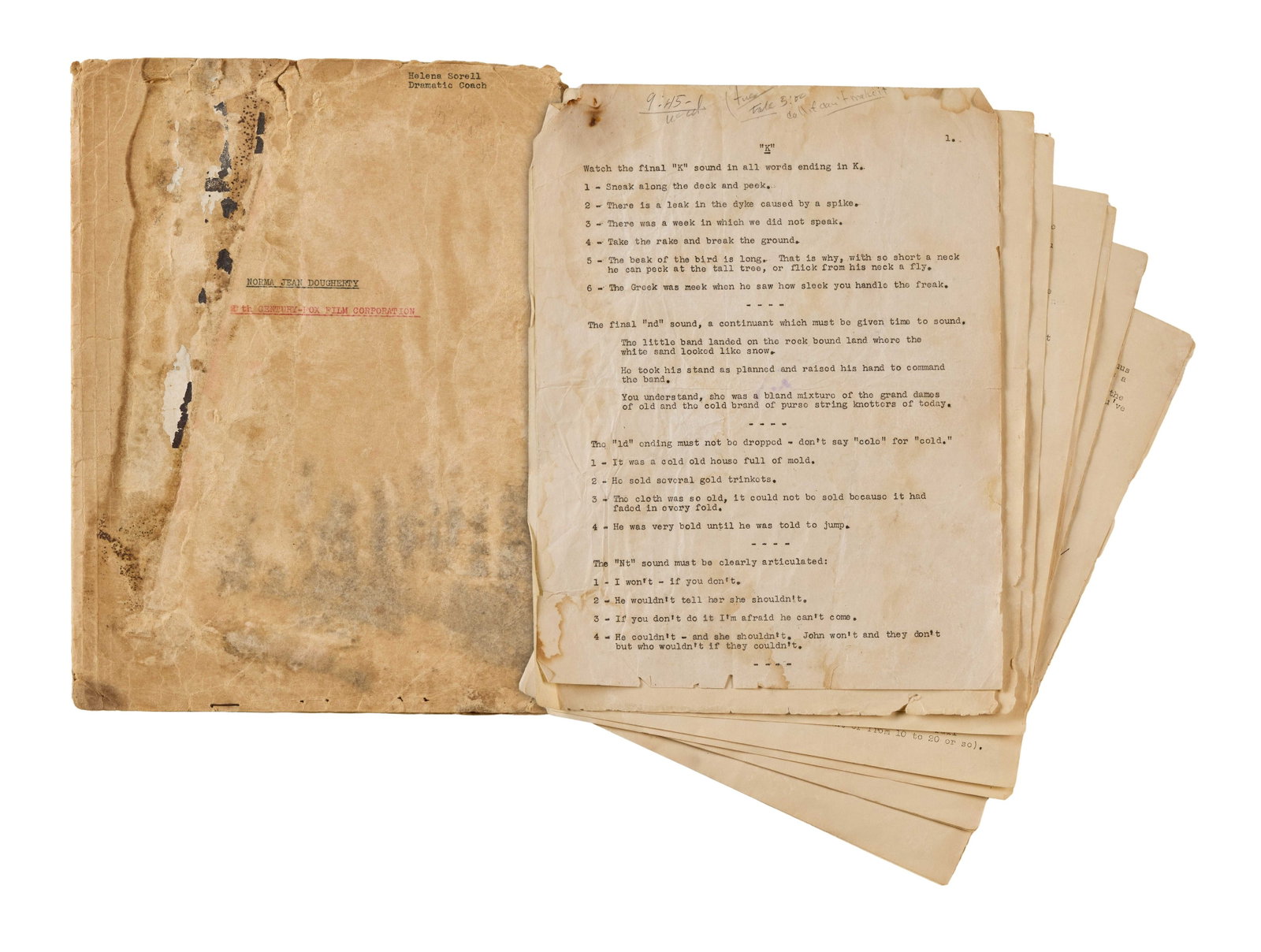 Marilyn Monroe | Circa 1946 Lightly Annotated Acting Notes: A manilla folder; typed information on cover reads "Norma Jean Dougherty / 20th Century-Fox Film Corporation" and in the upper right corner "Helena Sorell / Dramatic Coach," inside are ten loose leaf 