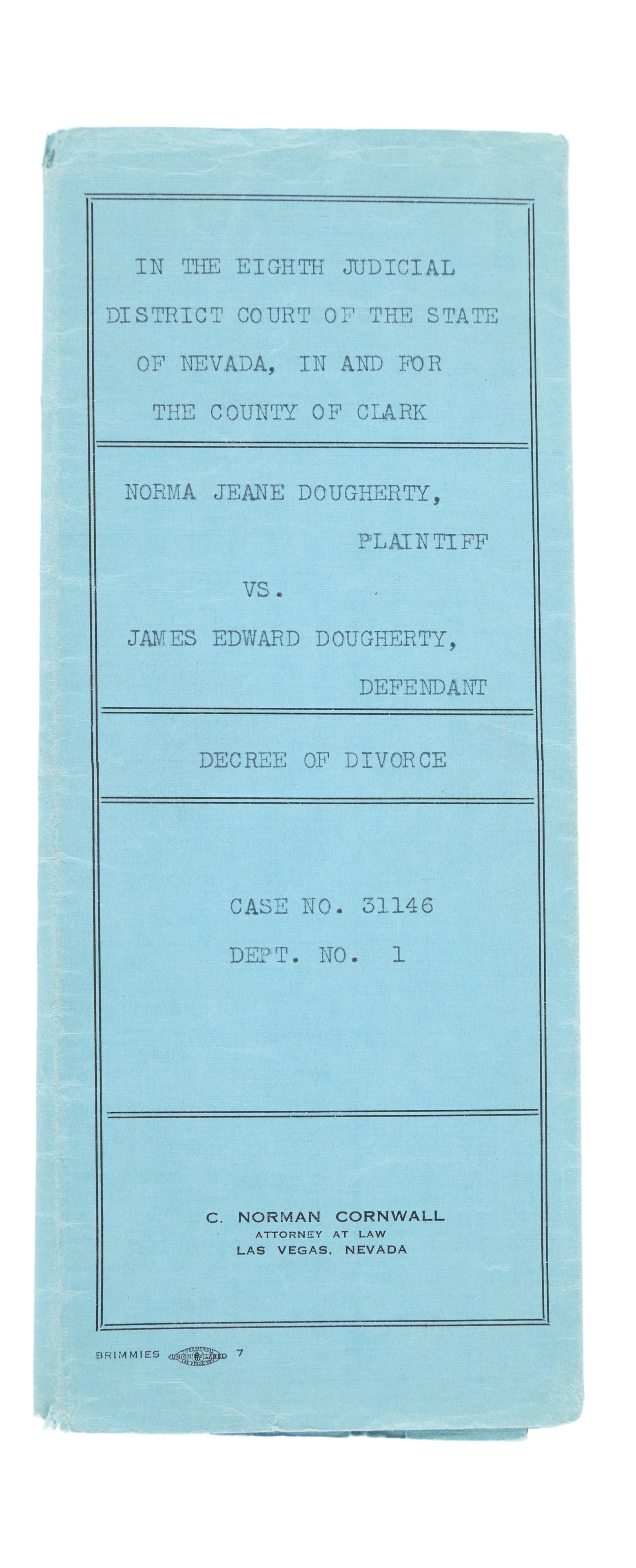 Marilyn Monroe | 1946 "Decree of Divorce" Paperwork: A two page document; unsigned, typed on onionskin, dated "13th day of September, 1946," outlining in part that "the bonds of / matrimony existing between the plaintiff, Norma Jeane Dougherty, / and